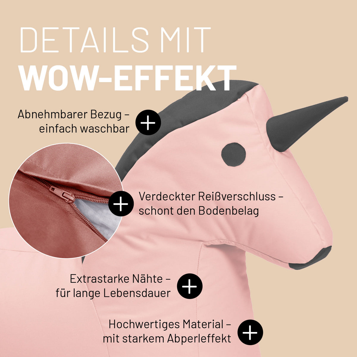 Kindersitzsack Animal Line Einhorn (120 L) in Pastell Pink/Stahlgrau, wasserabweisend, abnehmbar, mit verdecktem Reißverschluss und robusten Nähten.