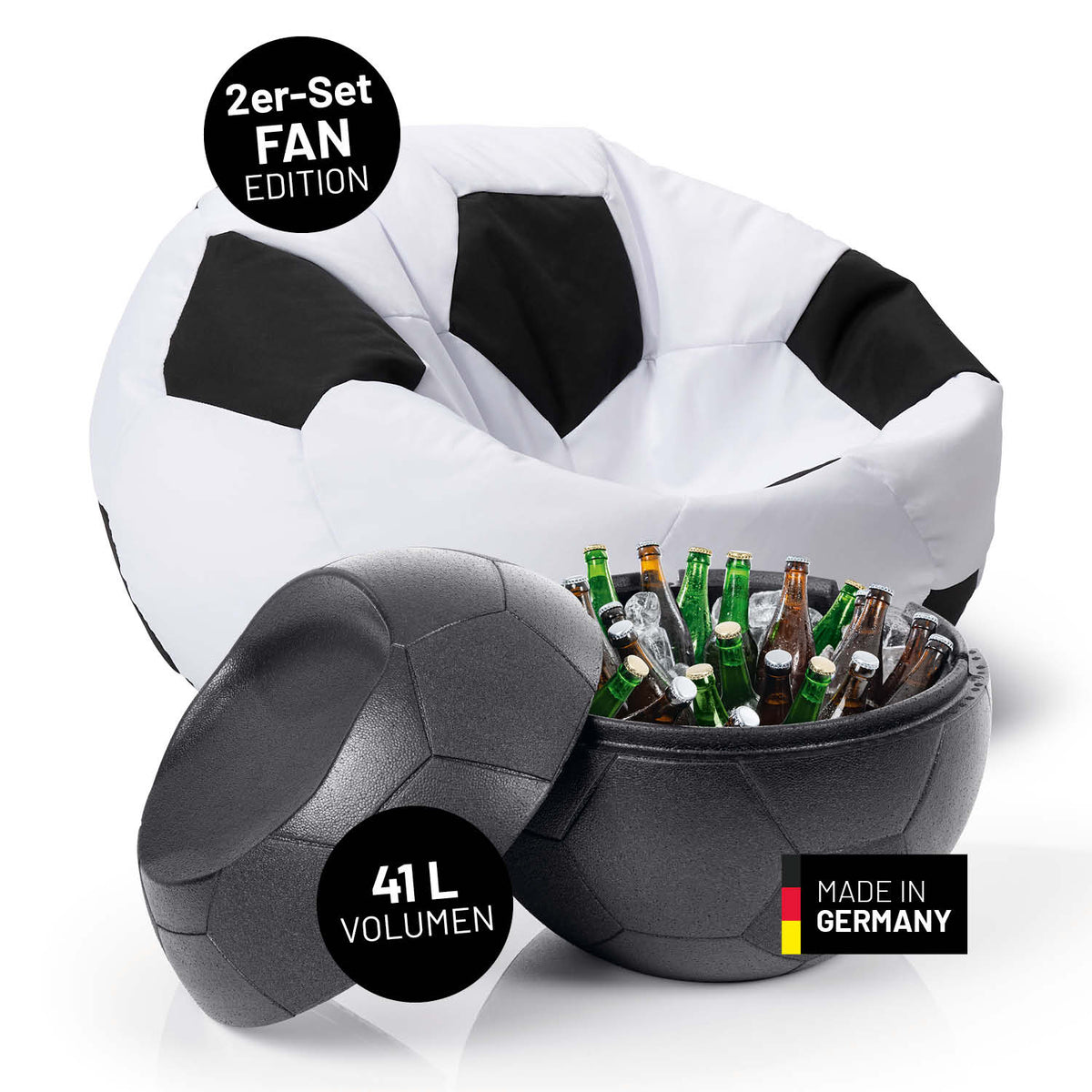 EM 2024 Fan-Lounge 1 + 1 - XXL-Fußball-Sitzsack und Fußball-Sitz-Kühlbox im Fußball-Design, made in Germany.
