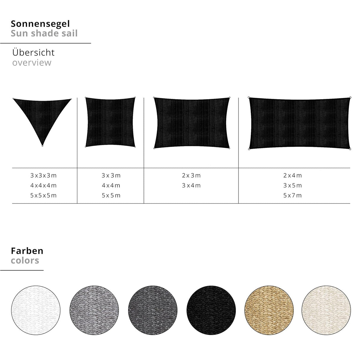 Sonnensegel 100% HDPE mit Stabilisator für UV-Schutz Quadrat 5 x 5 Meter Schwarz, reißfest und mit rostfreien Ringen gefertigt.