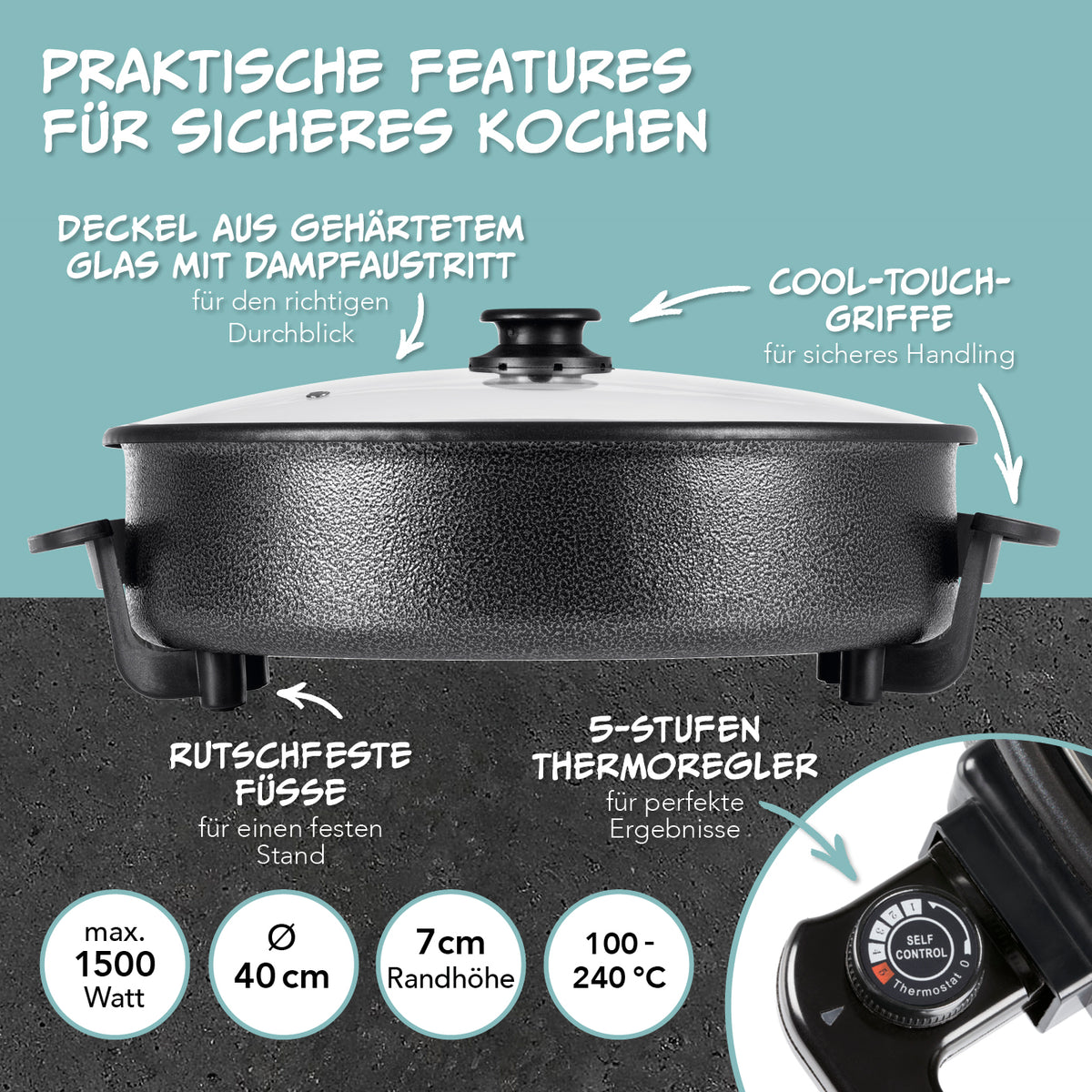 Pizza-Pfanne mit Deckel - Elektrisch 1500W - ⌀ 40 cm mit Antihaft, Thermostat, Glasdeckel und rutschfesten Füßen für vielseitiges Kochen.