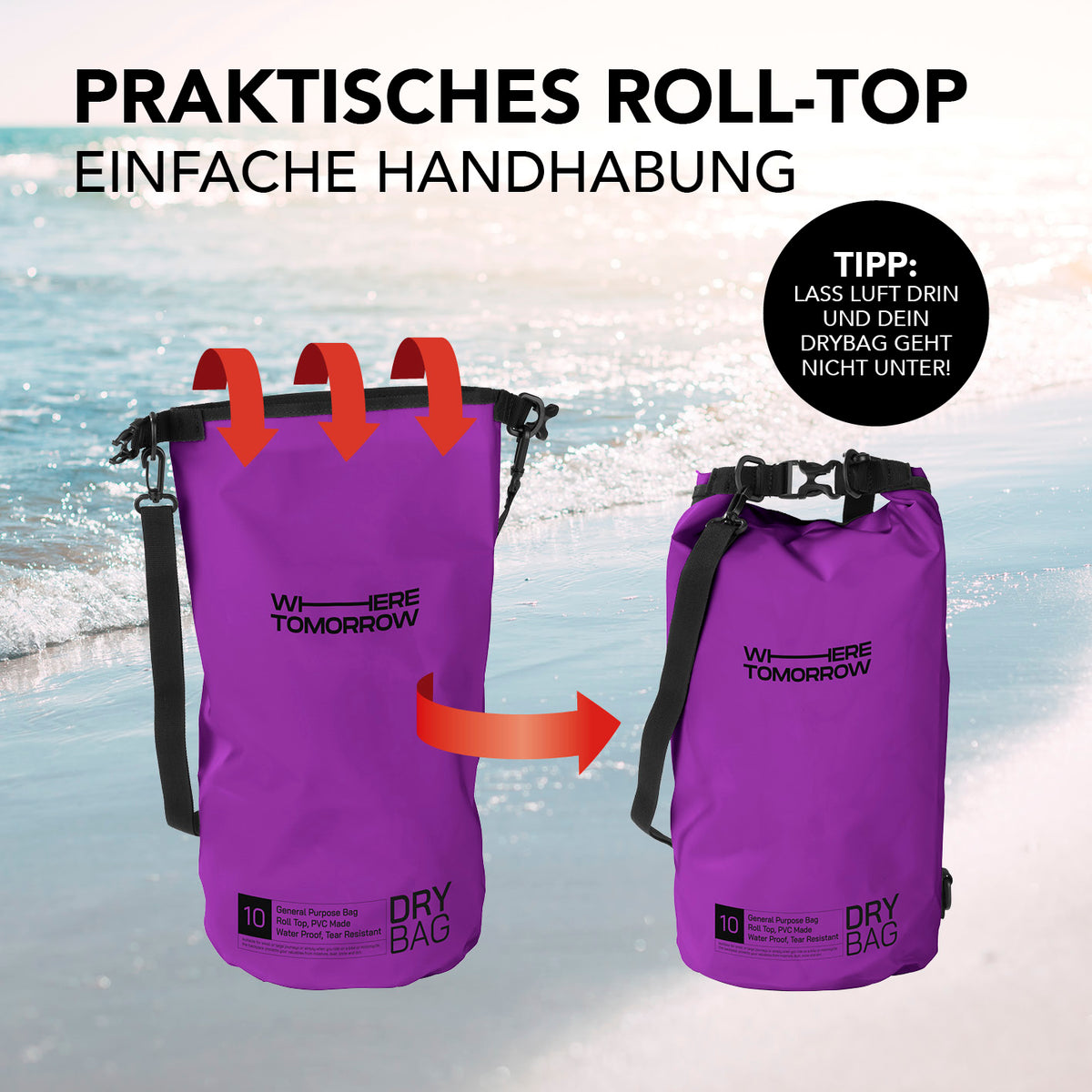 Dry Bag 10L - Style 01 - Lila mit wasserdichtem Rolltop-Verschluss und verstellbarem Schultergurt für sichere Outdoor-Abenteuer.