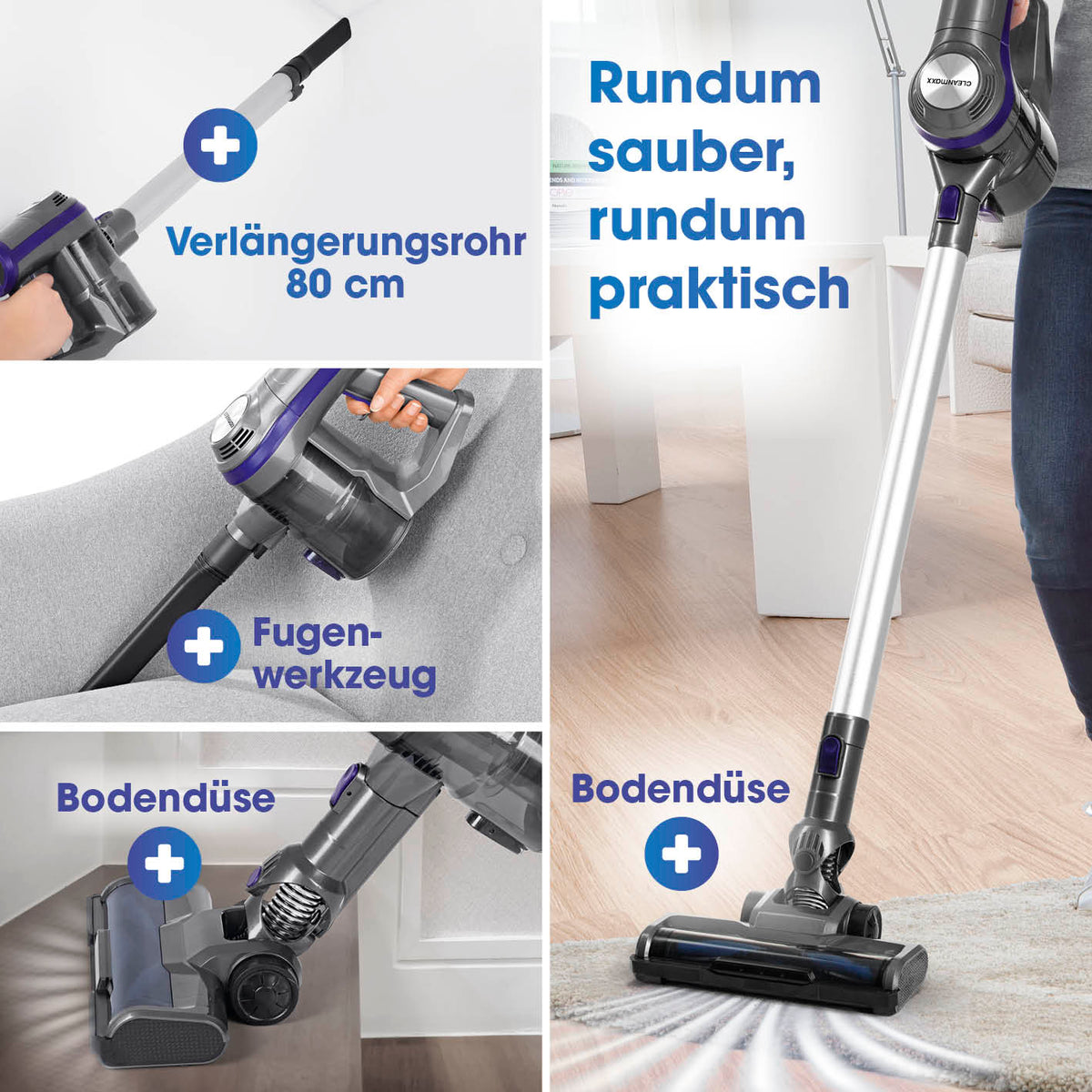 Akku-Zyklon-Staubsauger - anthrazit/lila mit Verlängerungsrohr, Fugenzubehör und Bodendüse für gründliche Reinigung.
