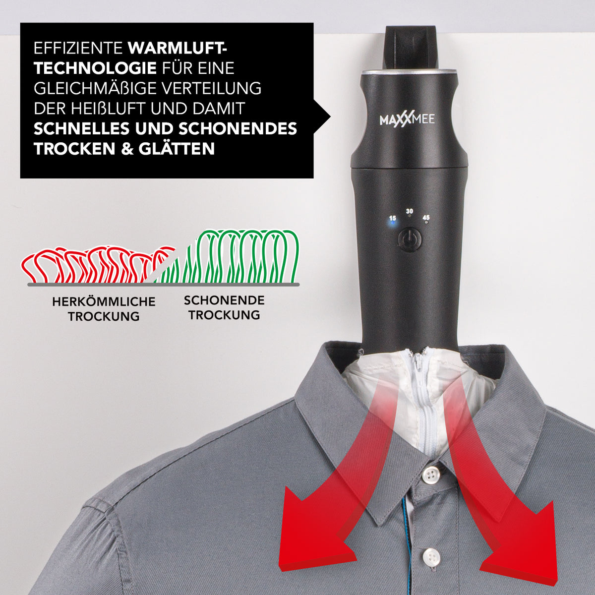 Hemden- & Blusenbügler Kompakt - schwarz/silber mit Warmluft-Technologie für schnelles, schonendes Trocknen und Glätten von Textilien.