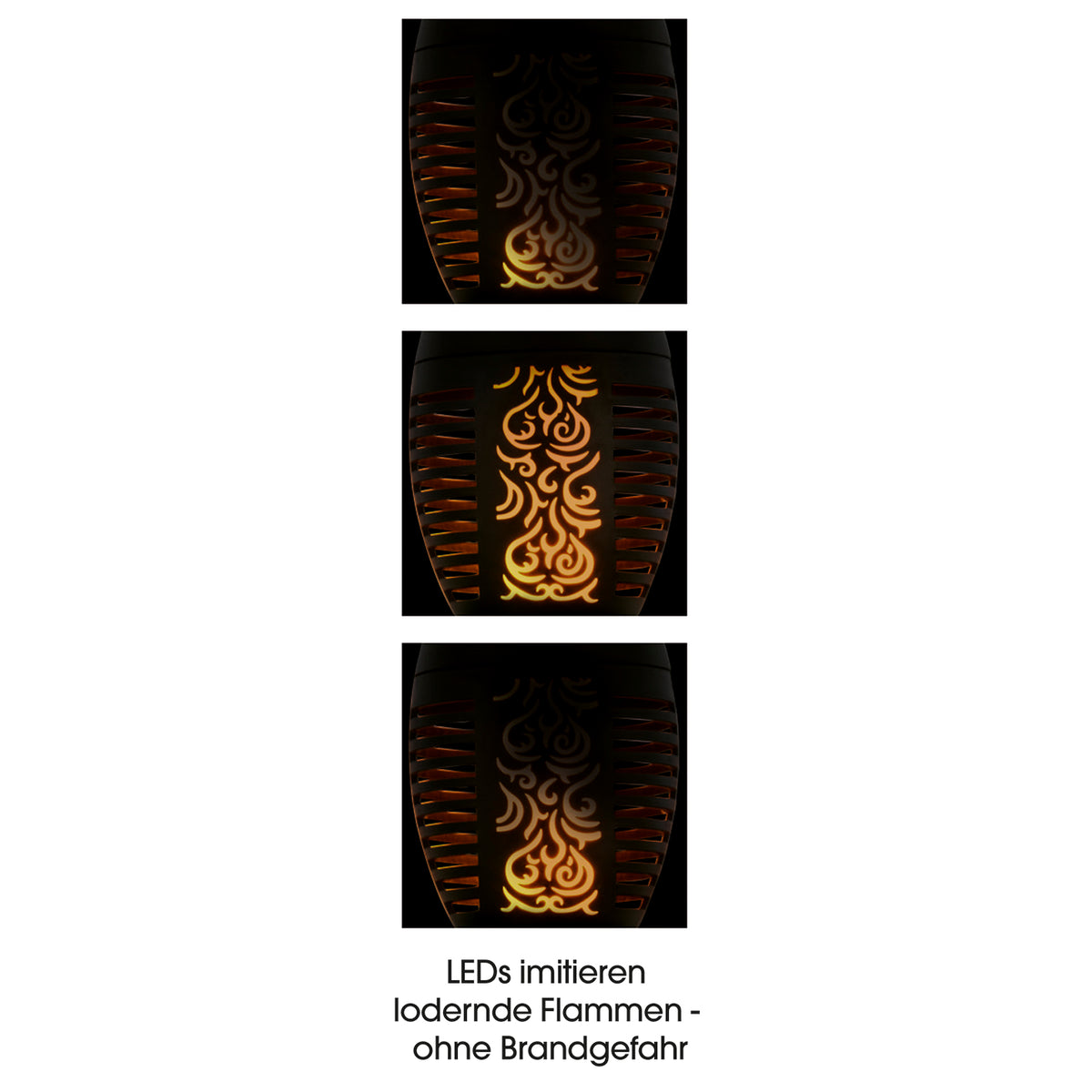 Solar-Fackel mit LED-Flammeneffekt - schwarz mit leuchtendem Flammendesign und integriertem Tageslichtsensor für automatisches Einschalten bei Dämmerung.