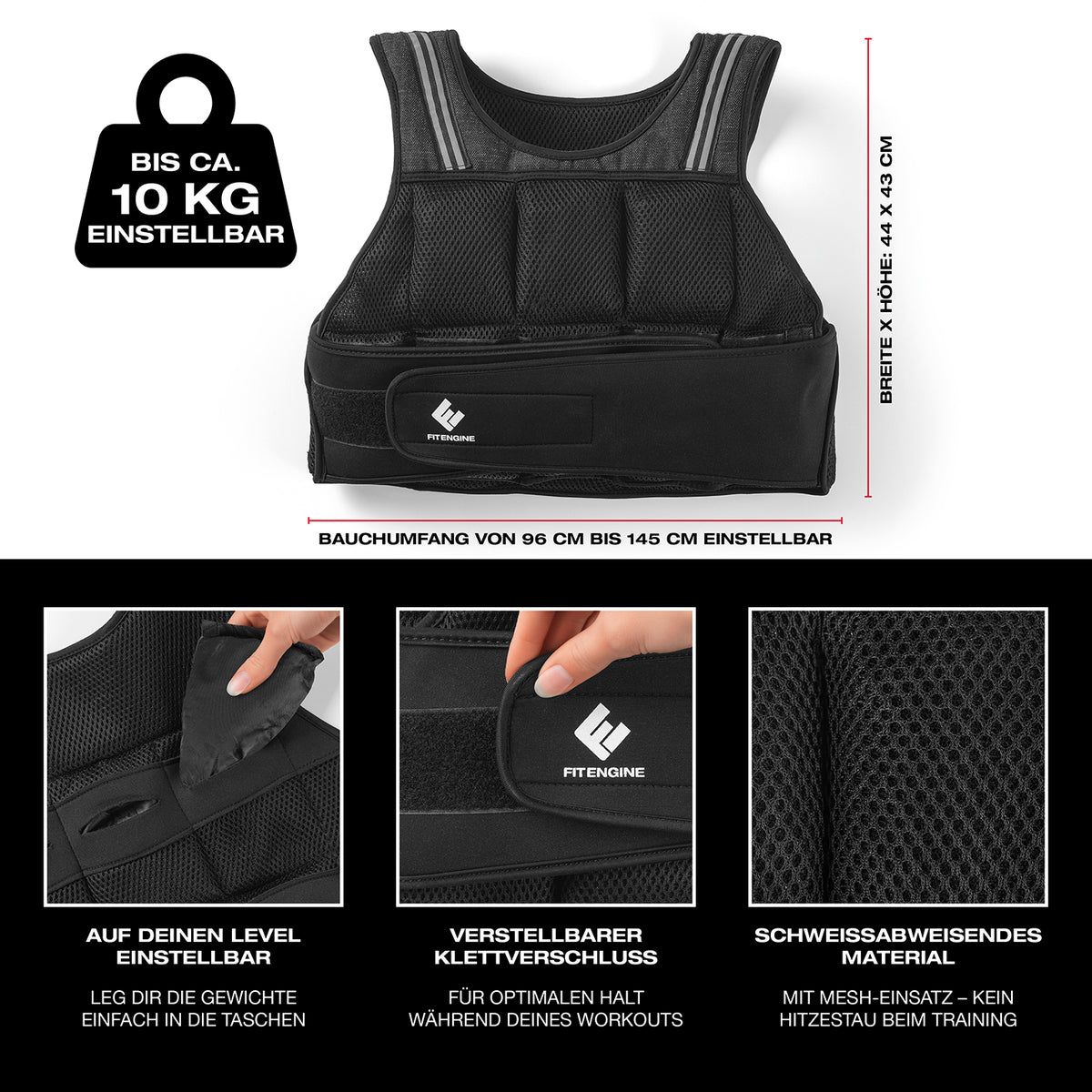 Gewichtsweste - 10 kg mit verstellbarem Klettverschluss, 16 herausnehmbaren Gewichten und schweißabweisendem Mesh-Material.