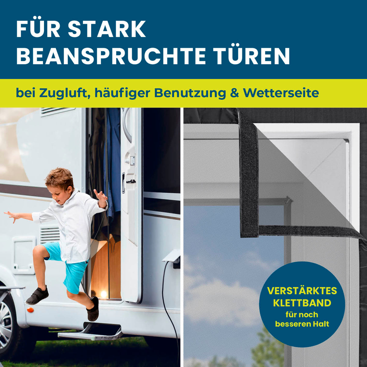 Insektenschutzvorhang für Wohnwagen - 60 x 195 cm mit verstärktem Klettband, langlebig und ideal für stark beanspruchte Türen.