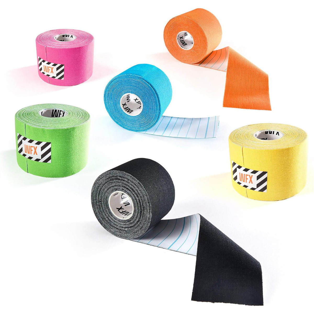 Kinesiologie Tapes - 5m x 5cm - 6er Set, wasserbeständig, elastisch, luftdurchlässig, vielseitig, mit starker Acrylhaftung in sechs Farben.