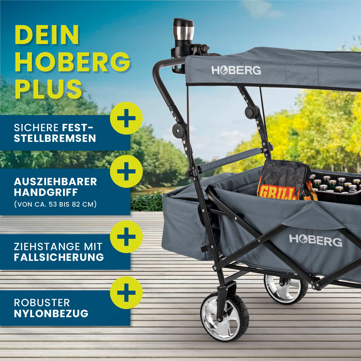 Faltbarer Bollerwagen - Grau mit stabilem Nylonbezug, ausziehbarem Griff, Fallsicherung und sicheren Feststellbremsen von HOBERG.