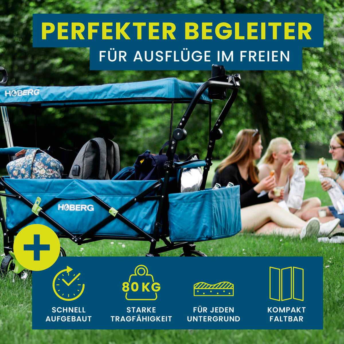 Faltbarer Bollerwagen - Blau mit robustem Nylonbezug, 80 kg Traglast, wasserfestem Dach und praktischer Faltfunktion von HOBERG.