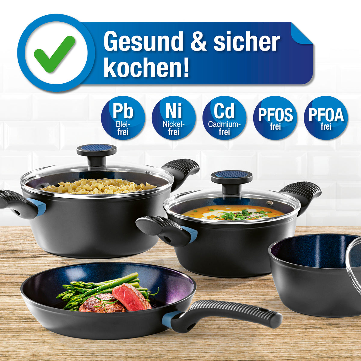Koch- und Bratset mit 3 Alu-Töpfen und 1 Pfanne, antihaftbeschichtet, soft-touch Griffe, gesund und sicher kochen mit BRATmaxx.