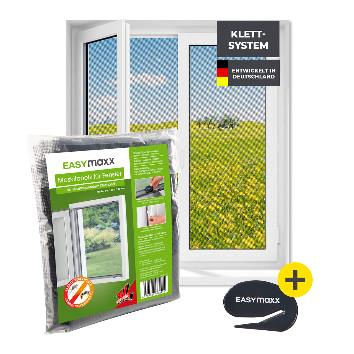 Moskitonetz für Fenster mit selbstklebendem Klettband - 150 x 180 cm - Schwarz, schützt effektiv vor Insekten, einfache Montage ohne Bohren.
