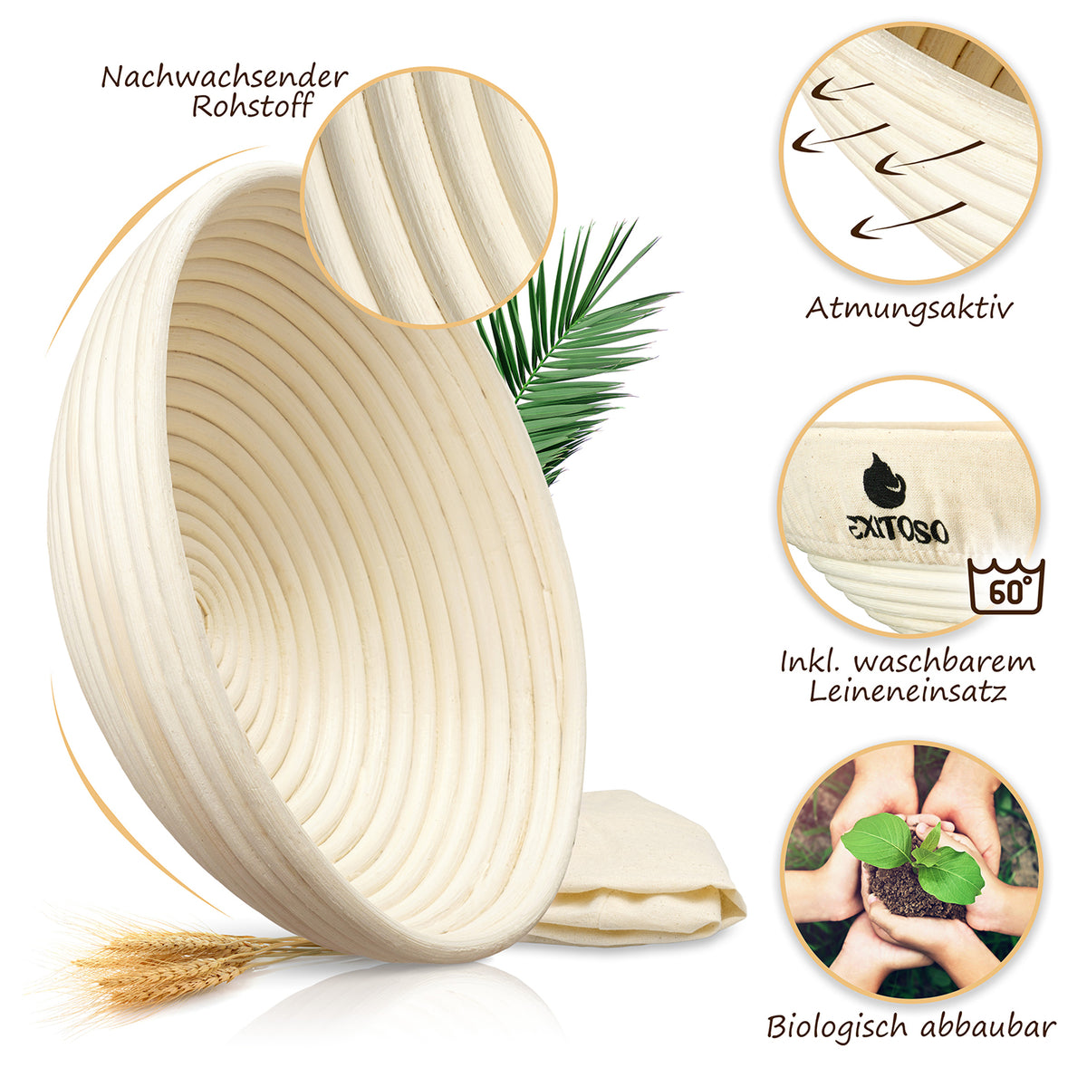 Gärkörbchen zum Brotbacken - Ø 25cm aus Rattan mit atmungsaktivem Leineneinsatz, waschbar und biologisch abbaubar.