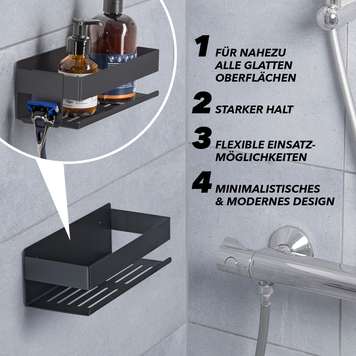 Dusch-Organizer zum Kleben oder Bohren - Schwarz, moderner, robuster Duschablage mit Wasserrillen und Hakenleiste für Shampoo und Duschgel.