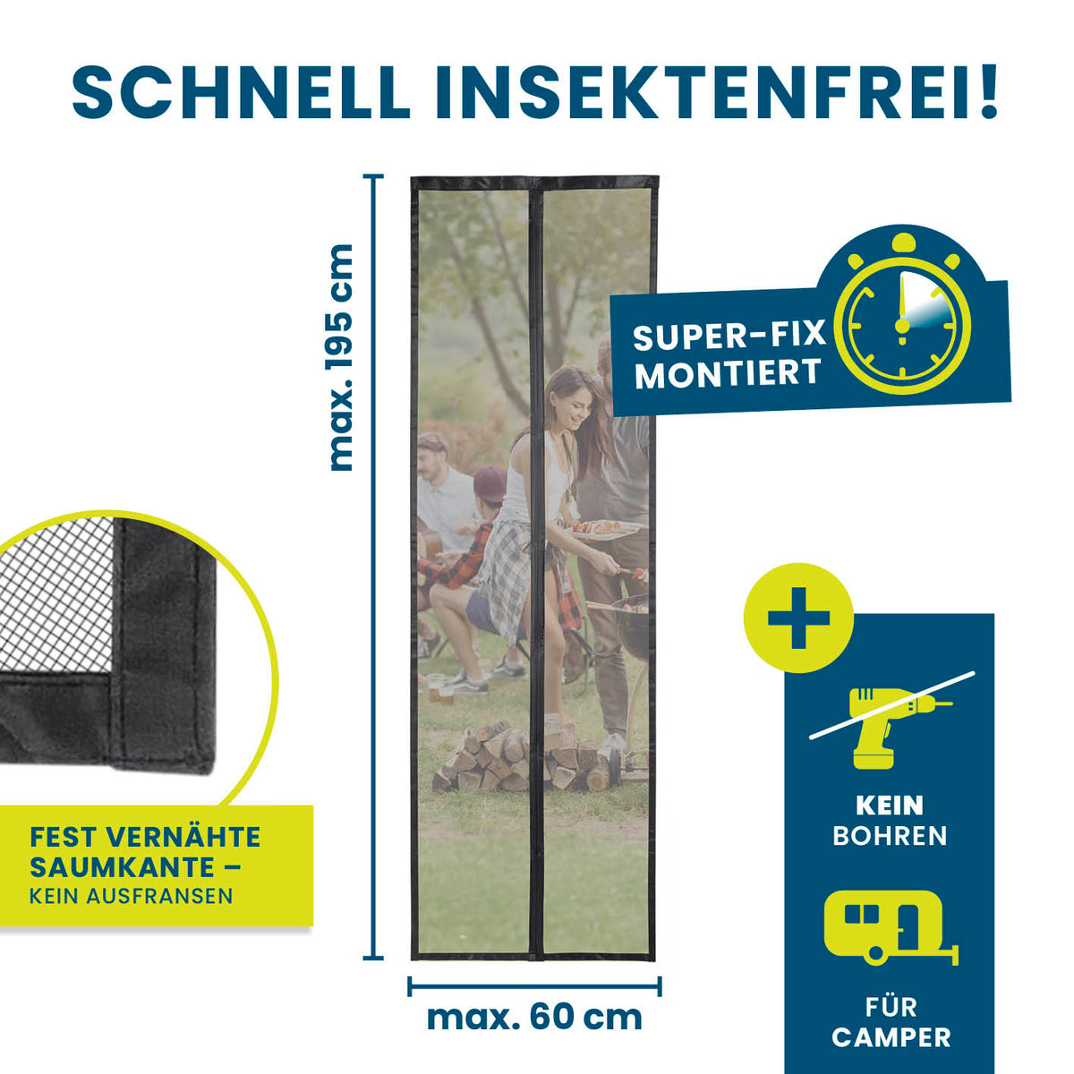 Insektenschutzvorhang für Wohnwagen 60x195 cm mit Magnetbändern, luftdurchlässig, robust und ohne Bohren montierbar für Camping.