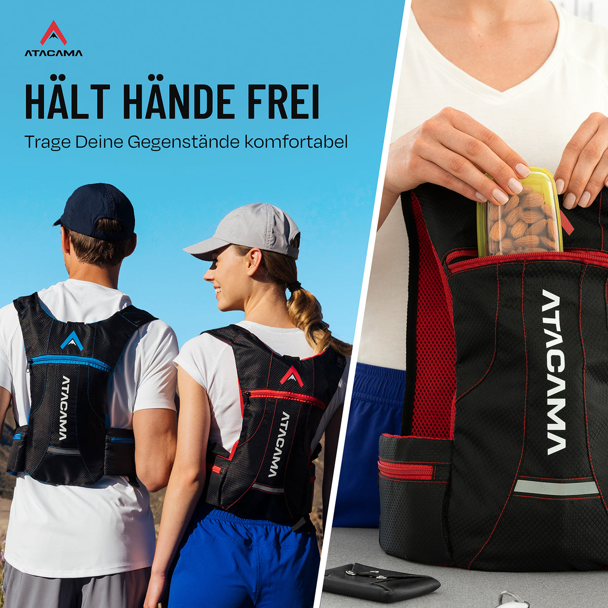 Trinkrucksack für 2 L Trinkblase - Rot, ultraleicht, wasserfest, mit Polsterung, reflektierenden Elementen und Seitentaschen für Handy und Wasser.