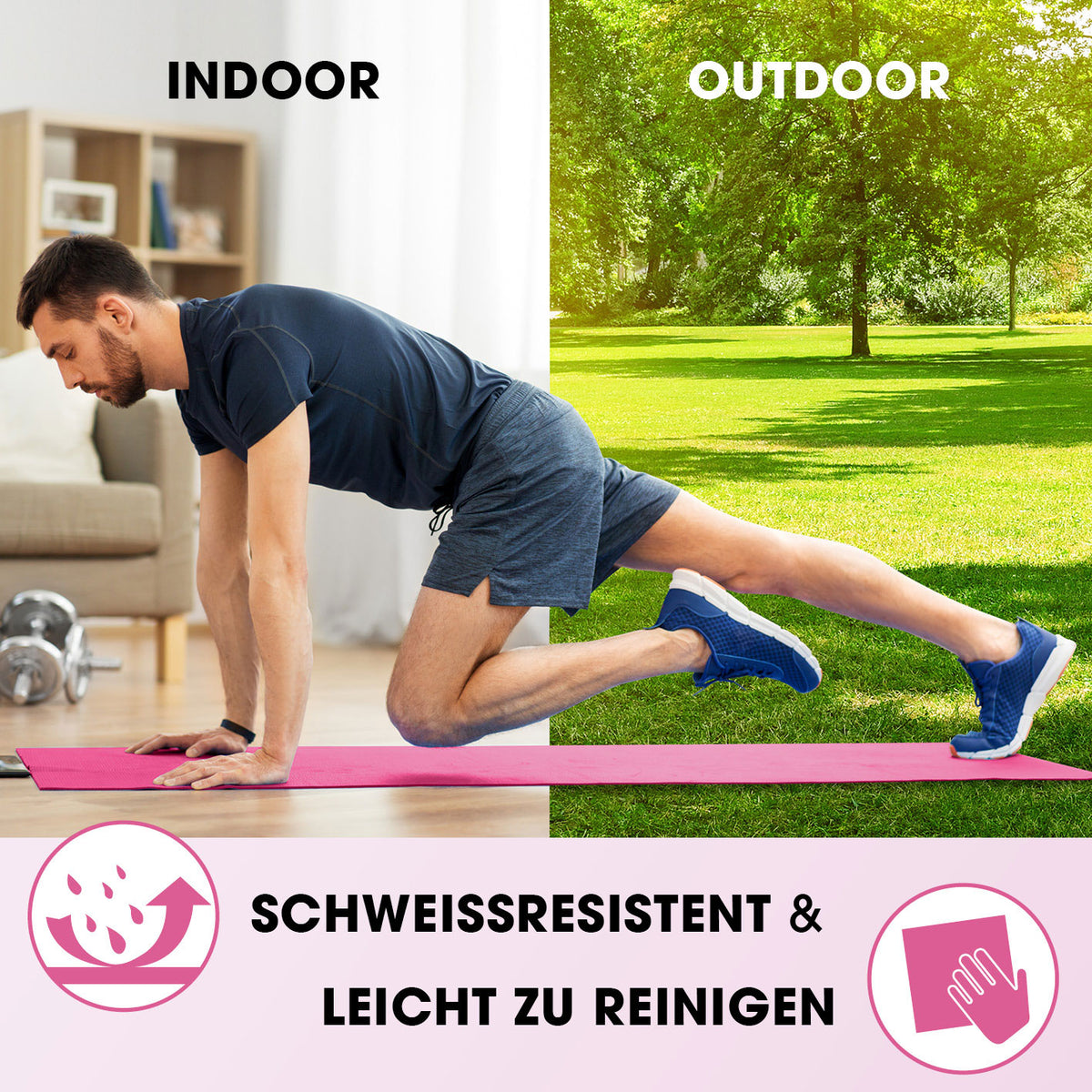 Fitness- und Gymnastikmatte - 183 x 61 x 2 cm - Pink, rutschfest, robust, schweißresistent, ideal für Indoor & Outdoor Training.