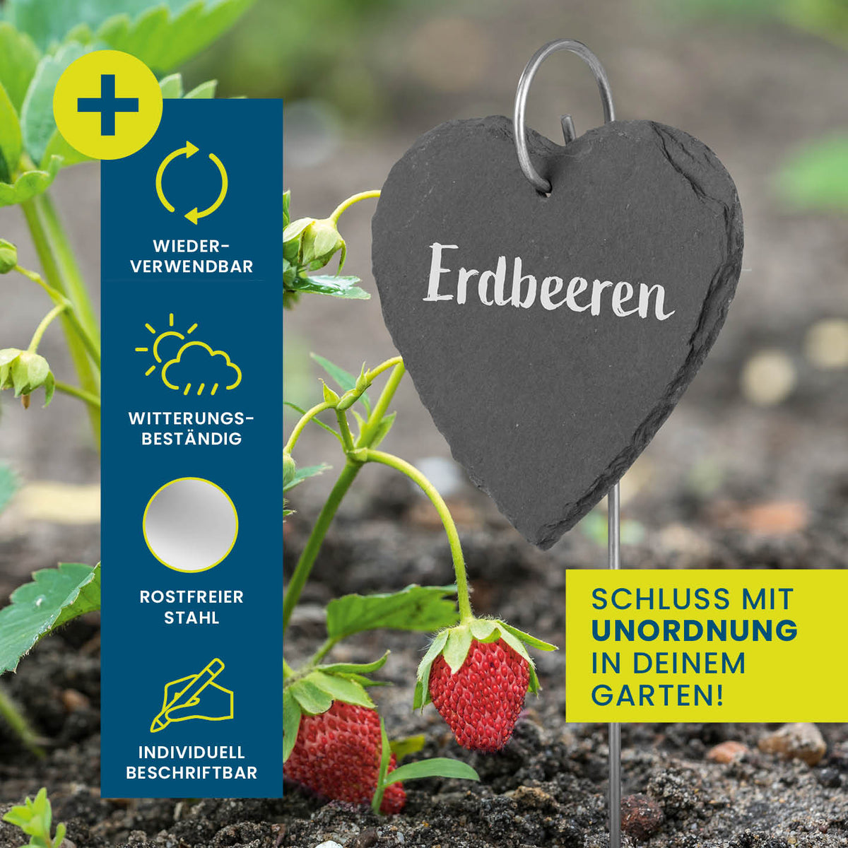 Schiefer-Pflanzschilder Herz-Form 10er Set, wetterfest, rostfreier Stahl, wiederverwendbar und individuell beschriftbar für Gartenpflanzen.