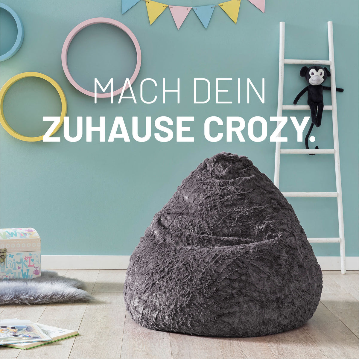 Luxury Fluffy Sitzsack (120 L) - Grau, weicher Webplüsch, geruchsneutral, anpassungsfähig, 120 Liter EPS-Füllung, modernes Sitzmöbel für drinnen.