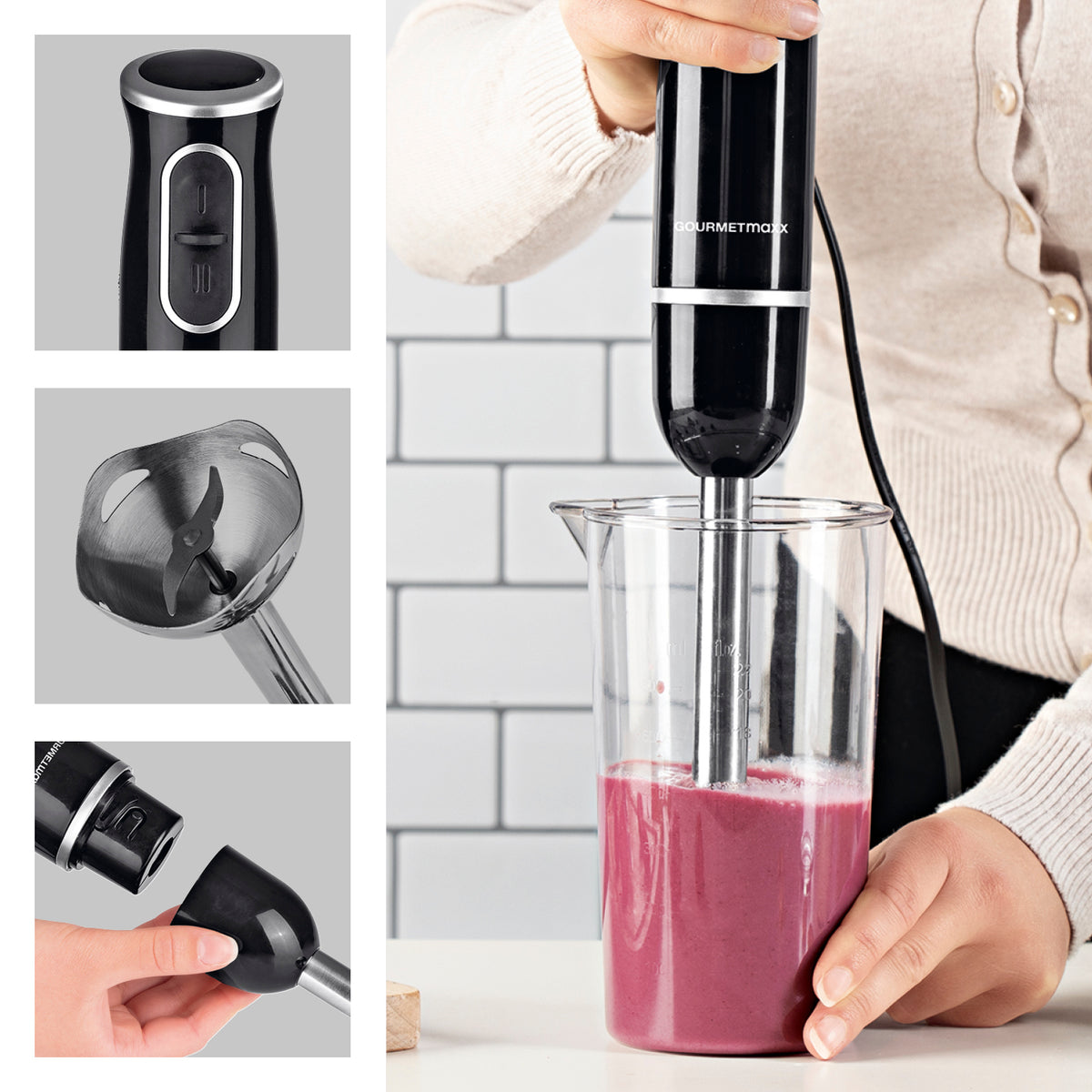 Stabmixer inkl. Rühraufsatz und Messbecher - schwarz/chrom mit Edelstahlklinge und 600-ml-Mixbecher beim Zubereiten von Smoothie.
