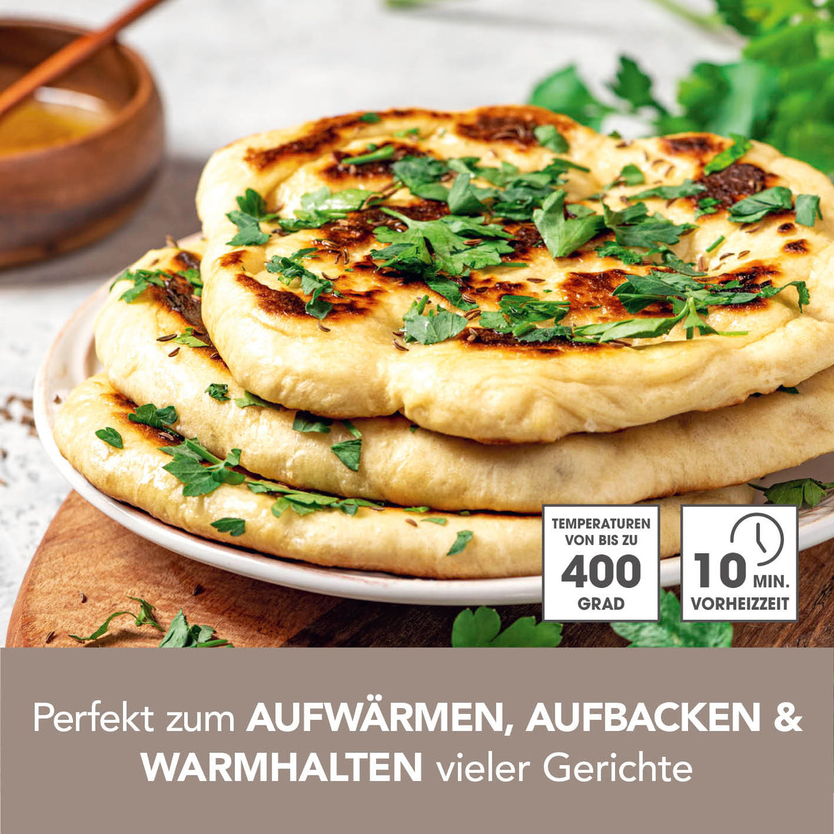 Elektro-Pizzaofen inkl. Pizzastein für knusprige Pizza bei bis zu 400 °C, ideal zum schnellen Aufwärmen und Backen.