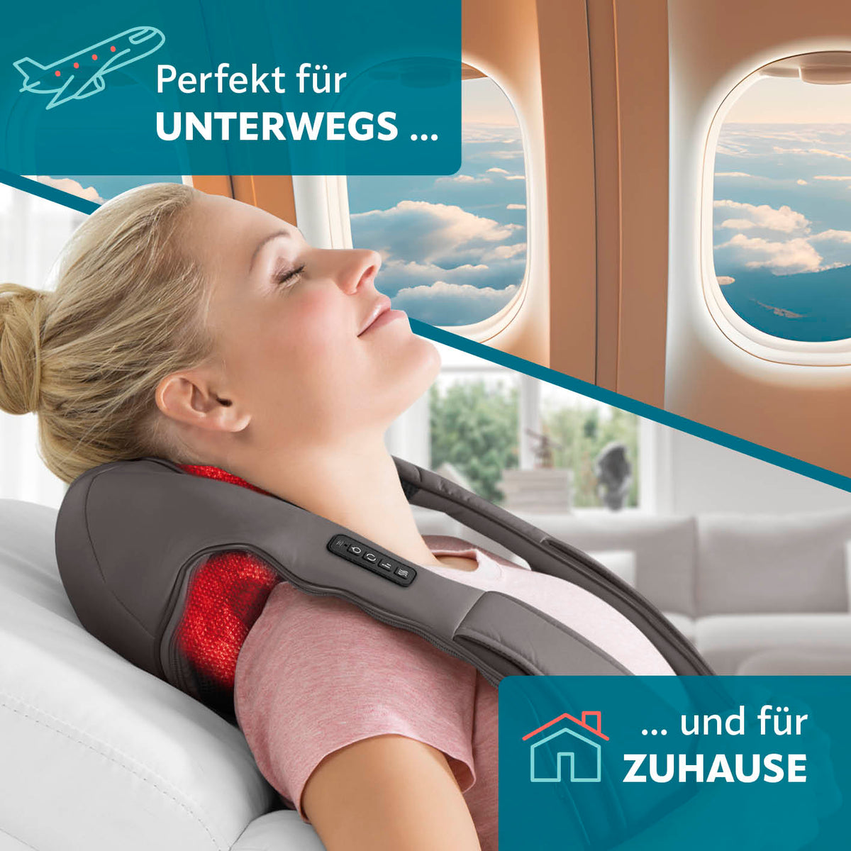 Frau entspannt mit Shiatsu-Massagegerät unterwegs im Flugzeug und Zuhause auf dem Sofa mit Wärmefunktion und Komfortbedienung.