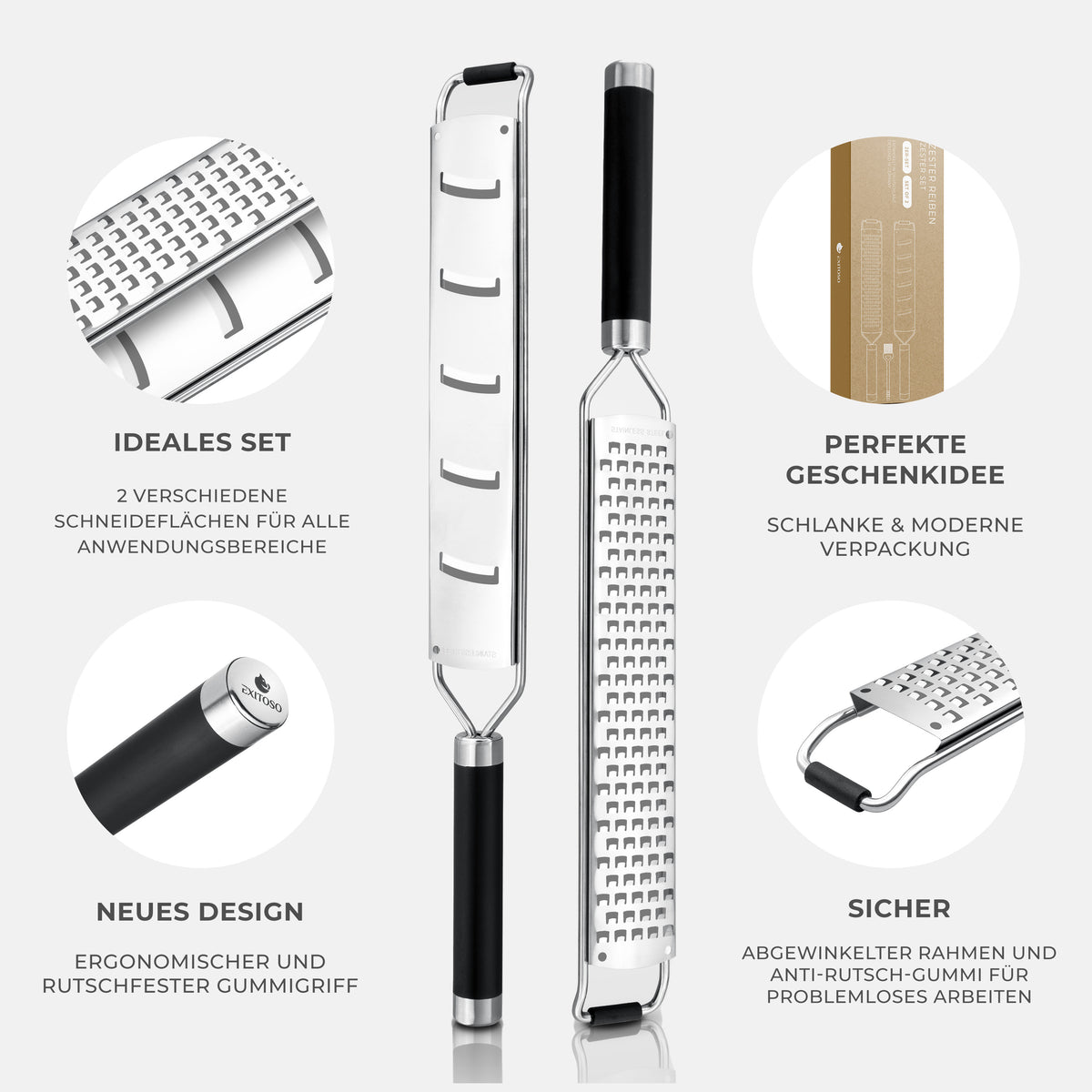 Küchenreibe 2in1 Set - Edelstahl mit scharfem Stahl, rutschfestem Griff, zwei Klingen und ergonomischem Design für vielseitiges Reiben.
