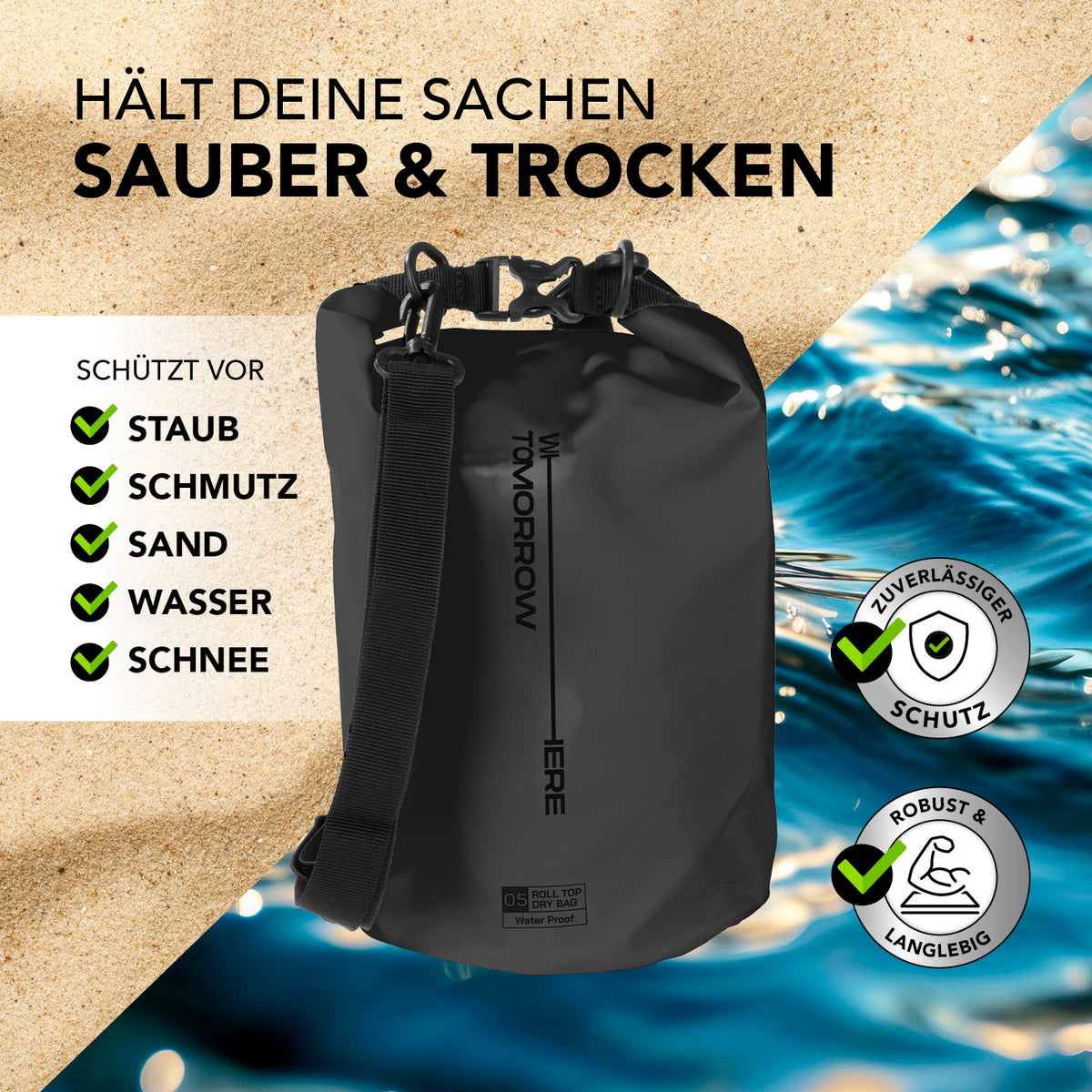 Dry Bag 5L - Style 02 - Schwarz wasserdichter, robuster Outdoor-Rucksack mit UV-Schutz und Rolltop-Verschluss für saubere, trockene Wertsachen.