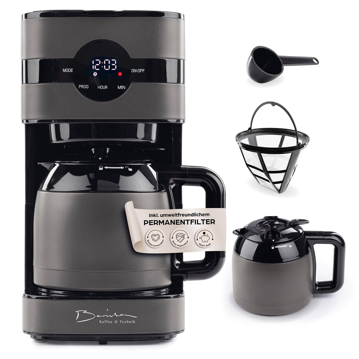 Filterkaffeemaschine Touch Iso - Grau mit Timer, LED-Touchdisplay, doppelwandiger Isolierkanne und waschbarem Permanentfilter.