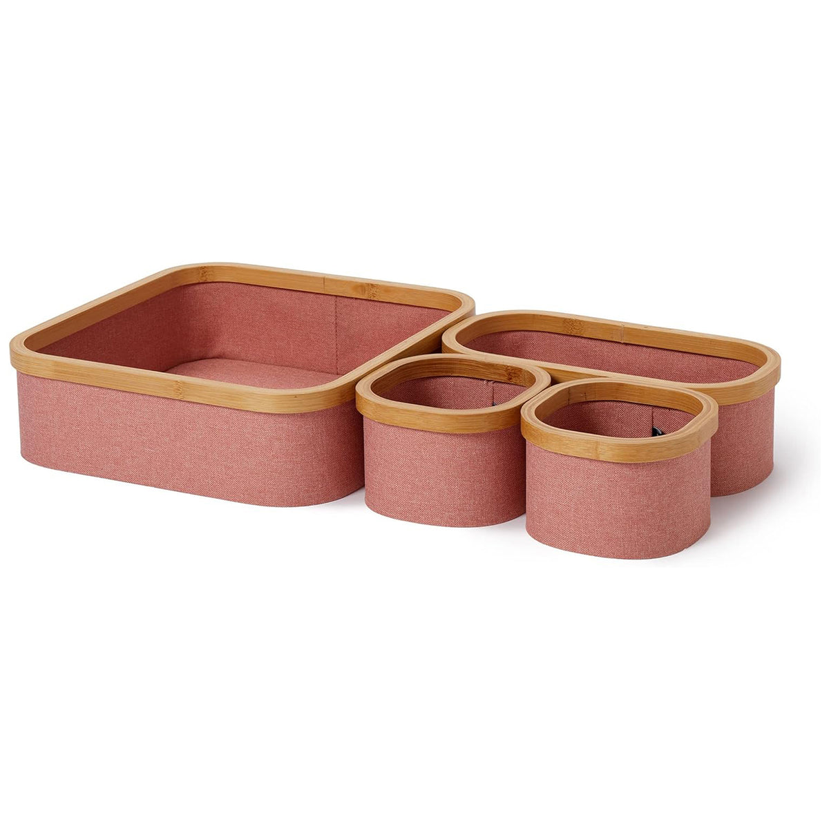 Aufbewahrungsboxen mit Bambus-Rahmen - 4er-Set in Rosa, rechteckig, stapelbar, verschiedene Größen, langlebig und pflegeleicht von LUMALAND.