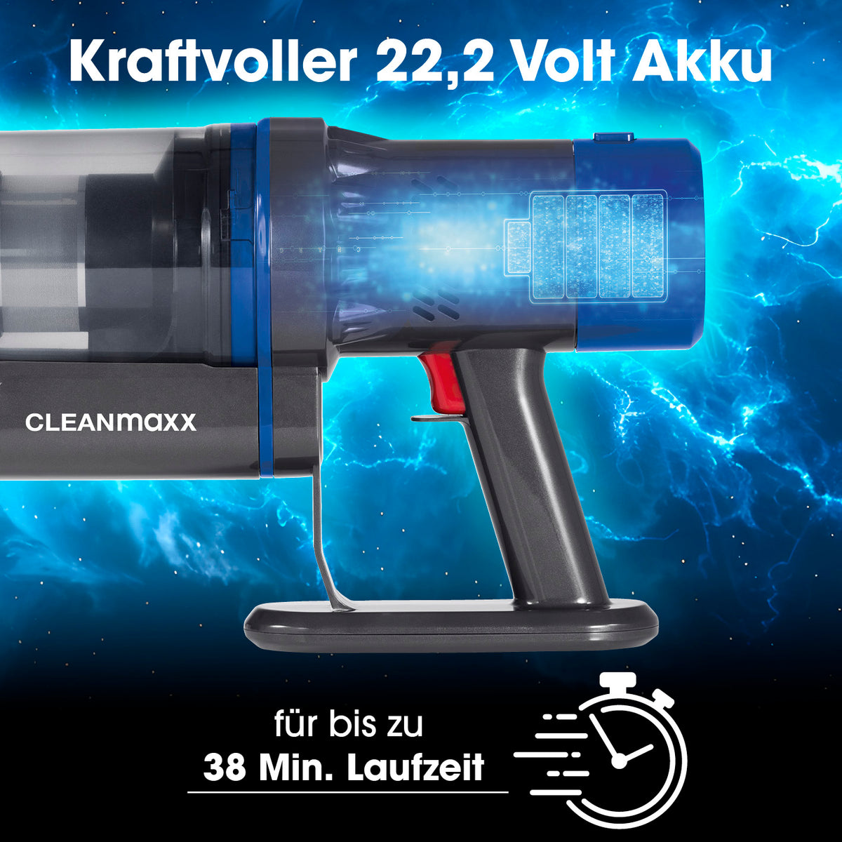 Kabelloser Hand- und Bodenstaubsauger mit kraftvollem 22,2-Volt-Akku für bis zu 38 Minuten Laufzeit und starke Saugleistung.
