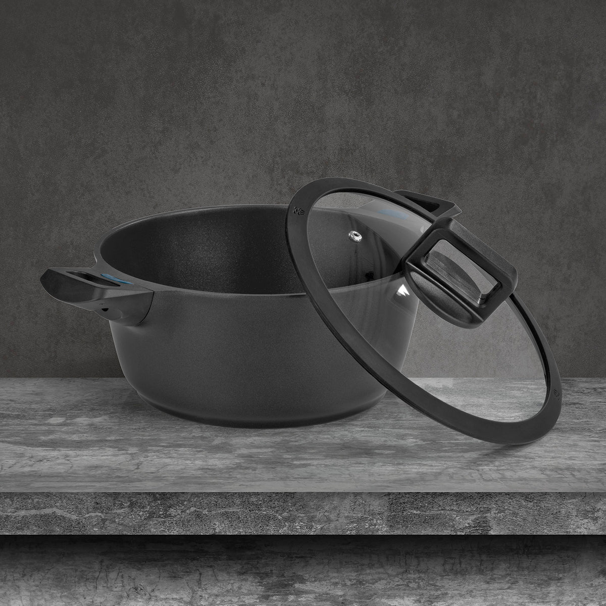 Aluguss-Kochtopf 24 cm - N8WERK Heat Indicator - Midnight Edition mit Deckel und Silikon-Umrandung, für alle Herdarten geeignet.