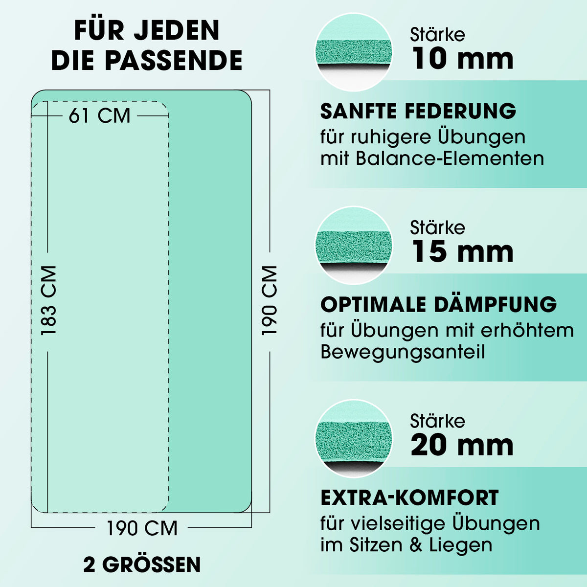 Fitness- und Gymnastikmatte - 183 x 61 x 1,5 cm - Türkis, rutschfest, robust, ideal für Yoga, Gymnastik, Indoor & Outdoor, mit Tragegurt.