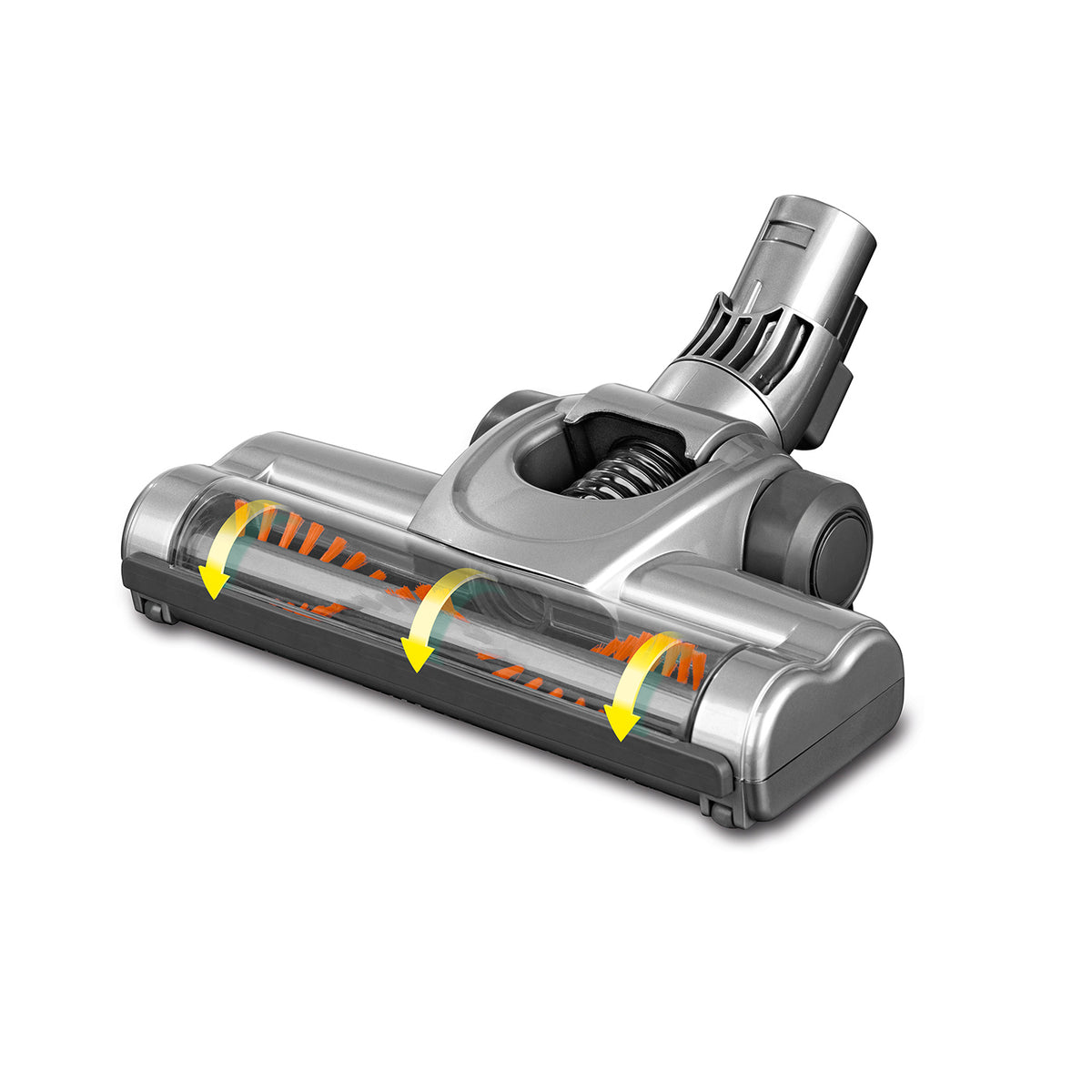 Akku-Zyklon-Staubsauger Pet Star orange/silber mit elektrischer, rotierender Bodendüse für gründliche Reinigung.