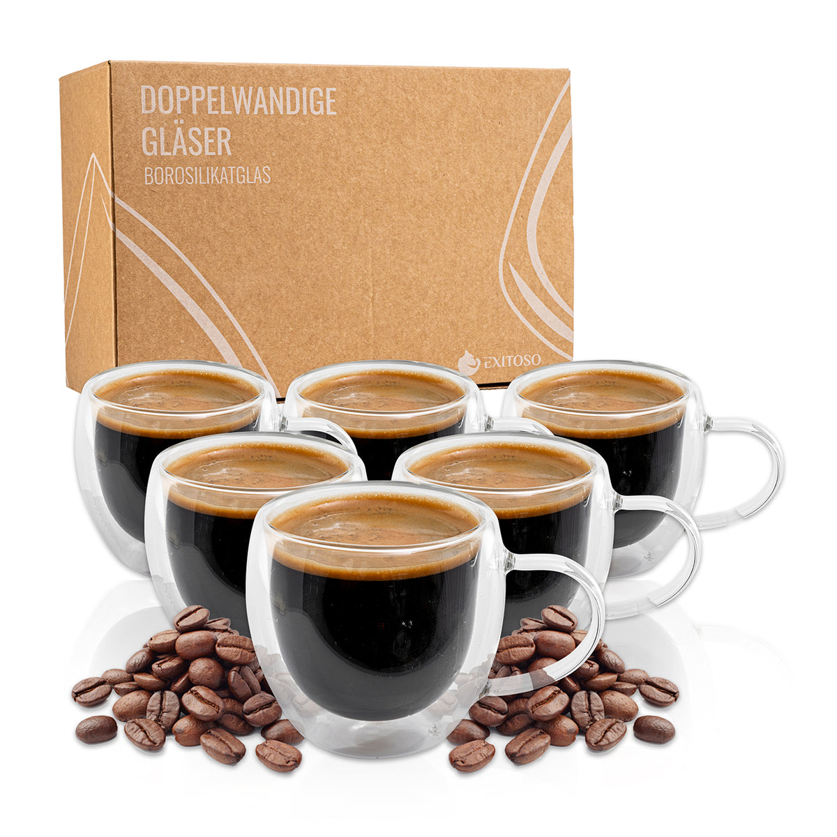 Doppelwandige Gläser - 6er-Set - 80 ml, doppelwandige Borosilikatglas Espresso-Tassen mit Henkel, hitzeisoliert und modernem Design.