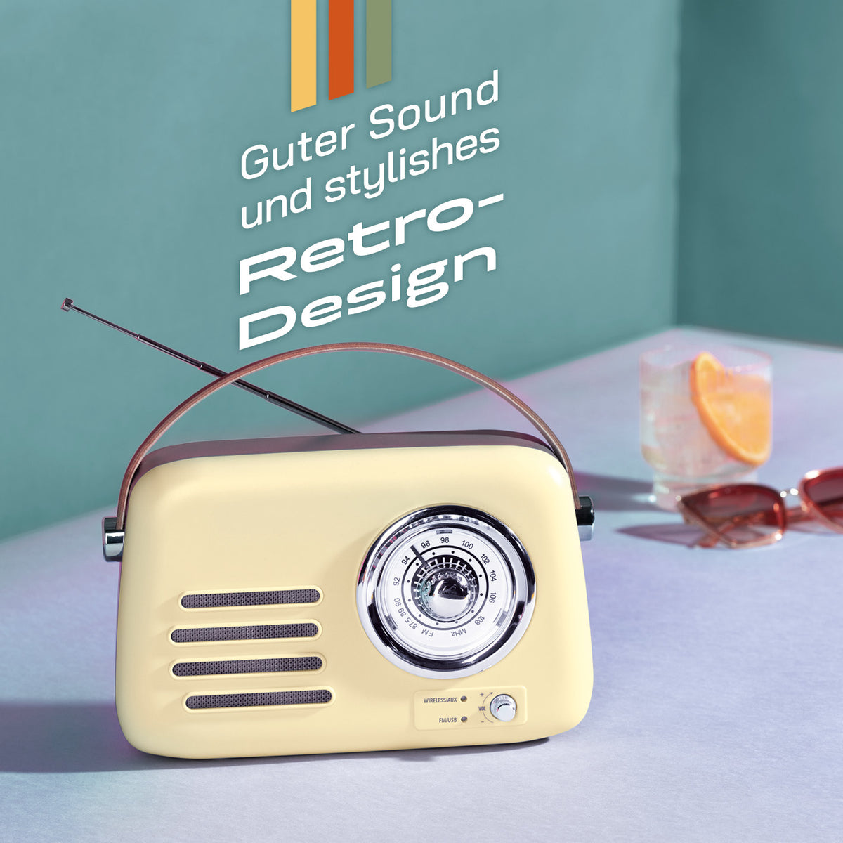 Radio Retro - Stil der 50er-Jahr - Vanille mit analoger Frequenzanzeige, Teleskopantenne und Tragegriff im stilvollen Retro-Design