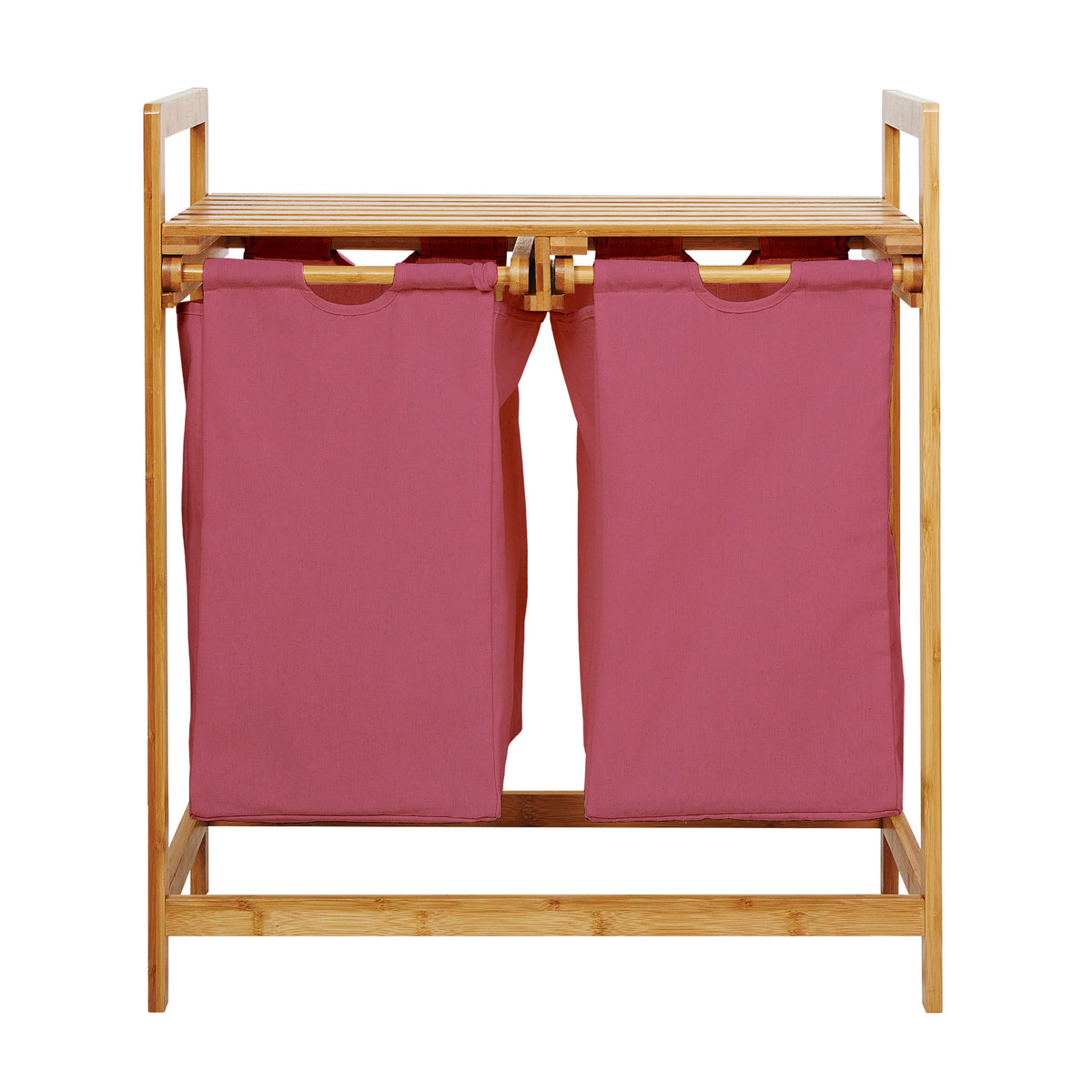 Bambus Wäschekorb mit 2 ausziehbaren rosa Wäschesäcken, 73 x 64 x 33 cm, mit Ablage und wasserabweisendem Inneren.