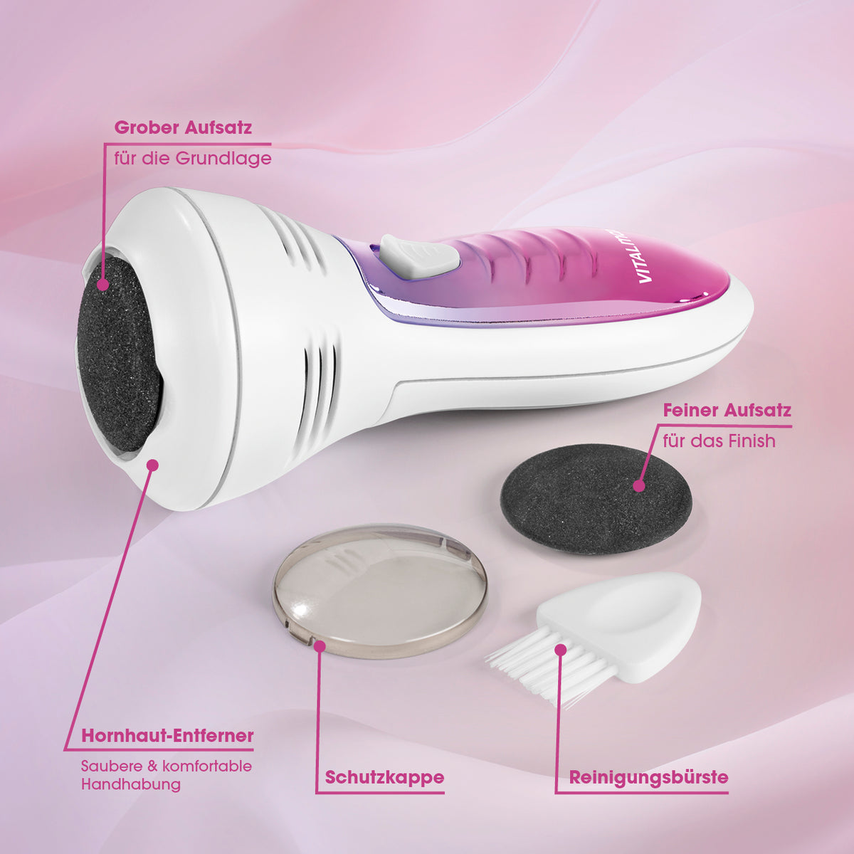 Pedi Power Hornhaut-Entferner mit 2 Aufsätzen für sanfte, sichere Hornhautentfernung und hygienische Anwendung zu Hause von VITALmaxx.