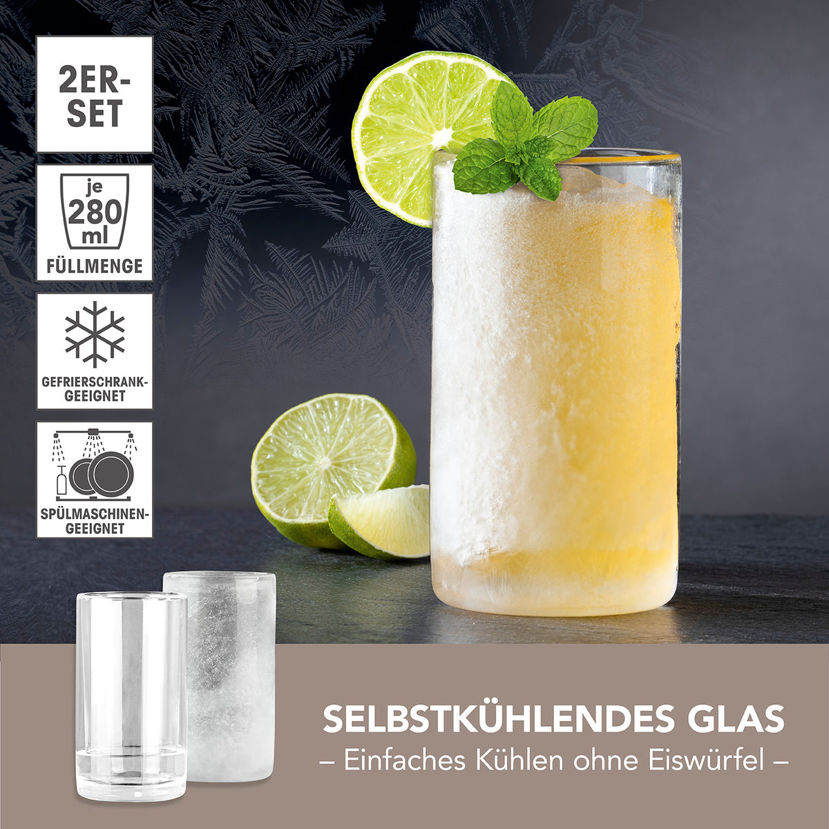 Glas selbstkühlend - 2er-Set je 280 ml mit Cooling-Gel für kühle Getränke ohne Eis, gefriergeeignet und spülmaschinenfest.