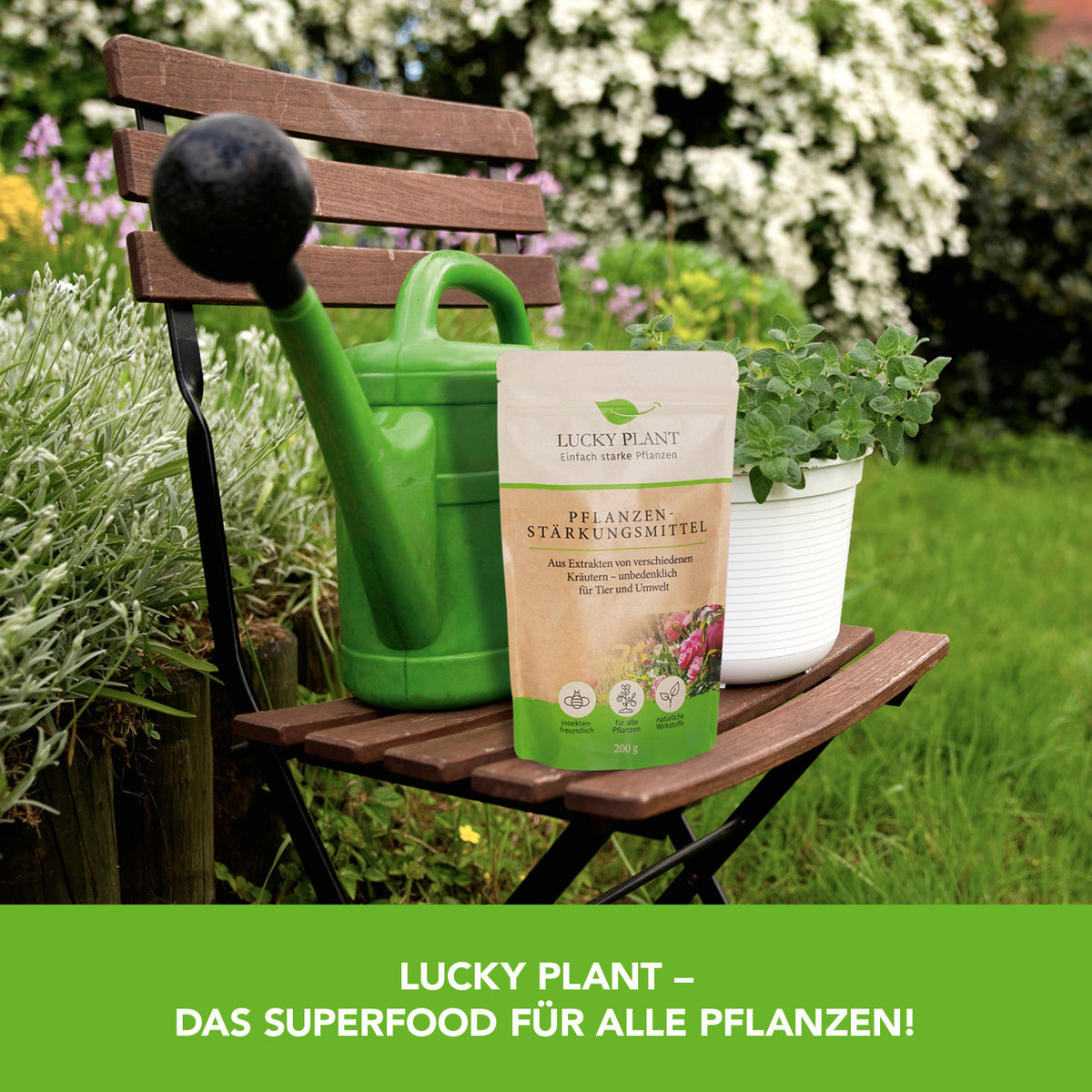 Pflanzenstärkung Pulver - 200 g auf Gartenstuhl mit Gießkanne und Topfpflanze, Kräuterextrakte für gesundes Pflanzenwachstum.