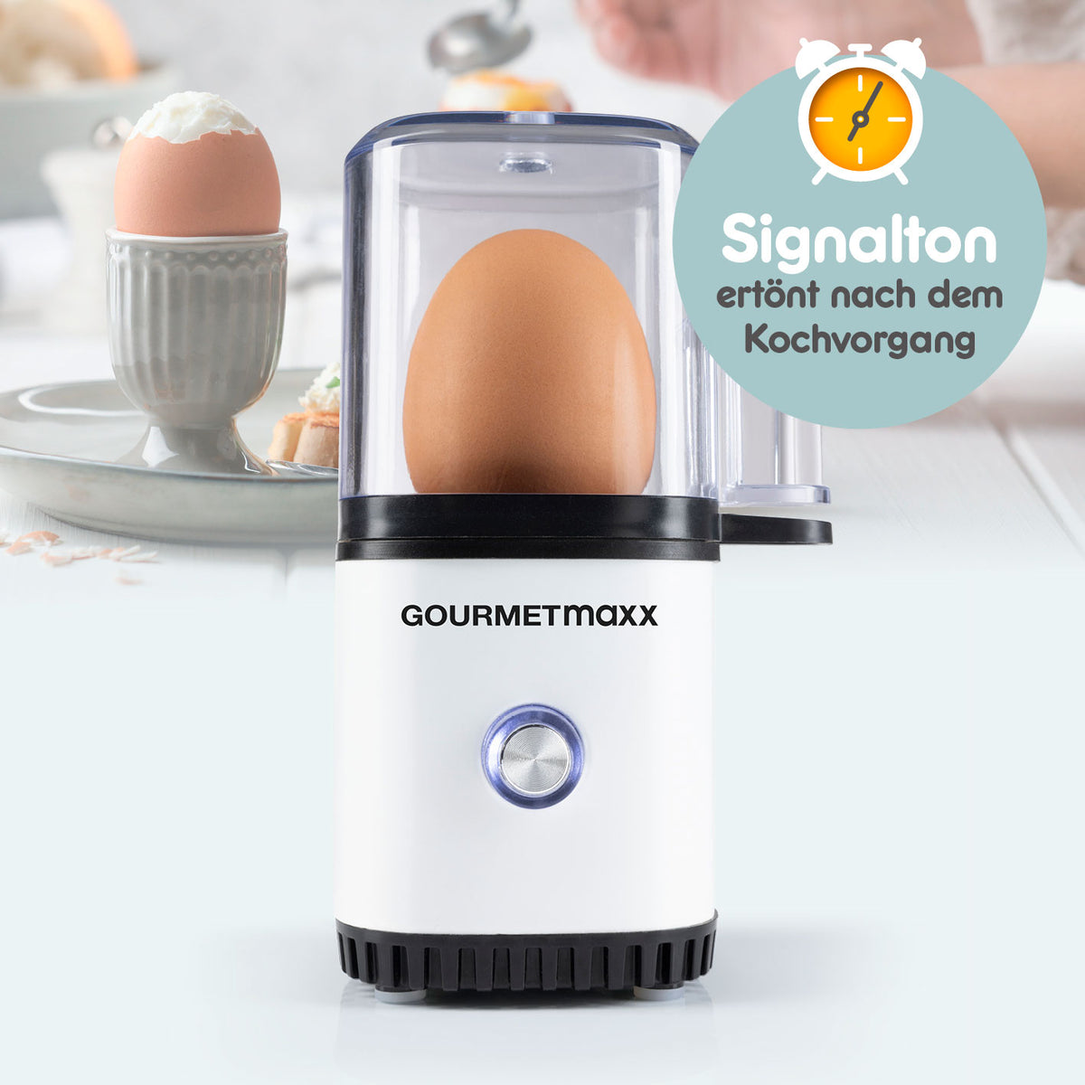 Design-Eierkocher 1 Ei - Weiß mit Signalton, kompakt, für perfekte Eier ohne Herd, einfach zu bedienen und leicht zu reinigen.