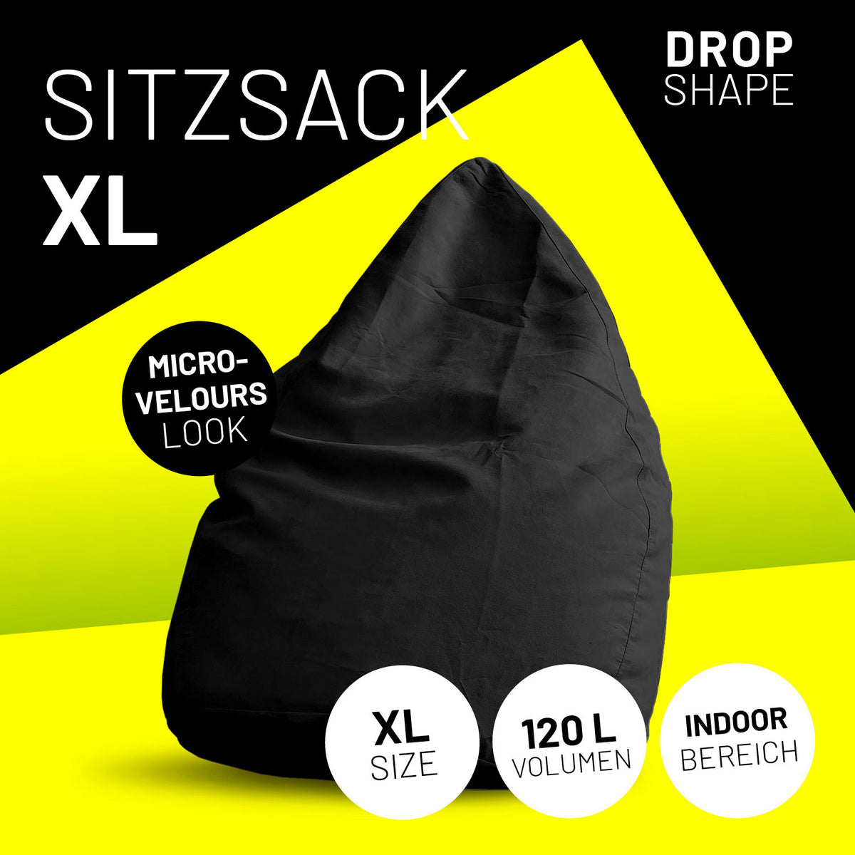 Luxury XL Sitzsack (120 L) - indoor - Schwarz, stylischer Mikrofaser-Sitzsack in Drop-Form für modernes Wohnen und Entspannung.