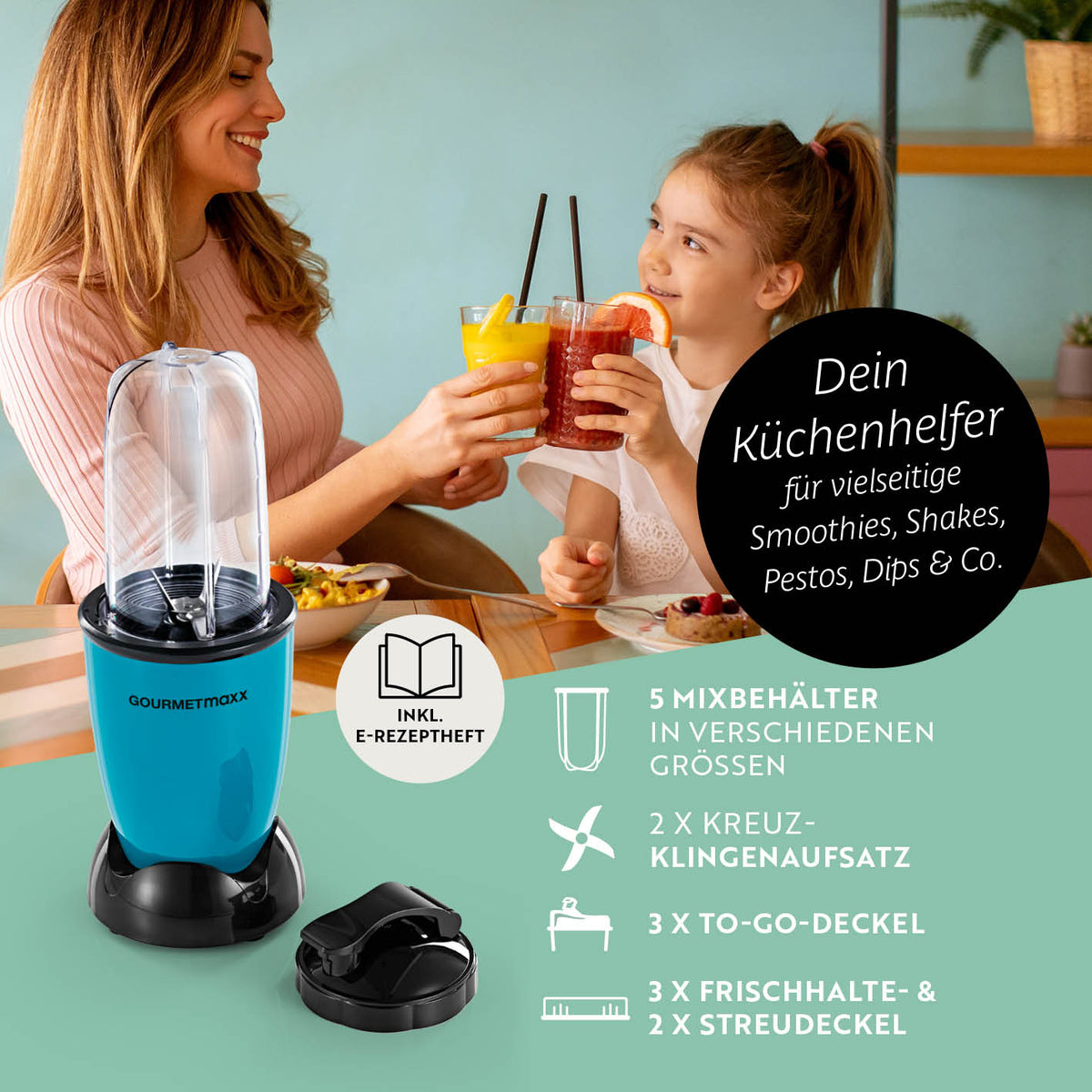 Mr. Magic Power 400 Pro mit Zubehörset XL - Grün/Schwarz kompakter Standmixer mit viel Zubehör für vielseitige Küchenanwendungen.