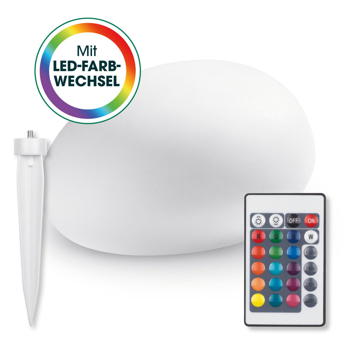 Solar-Leuchte Stein mit Farbwechsel, 4 LEDs, warmweiß, Farbwechsel, IP67, Solarpanel, mit Erdspieß und Fernbedienung.
