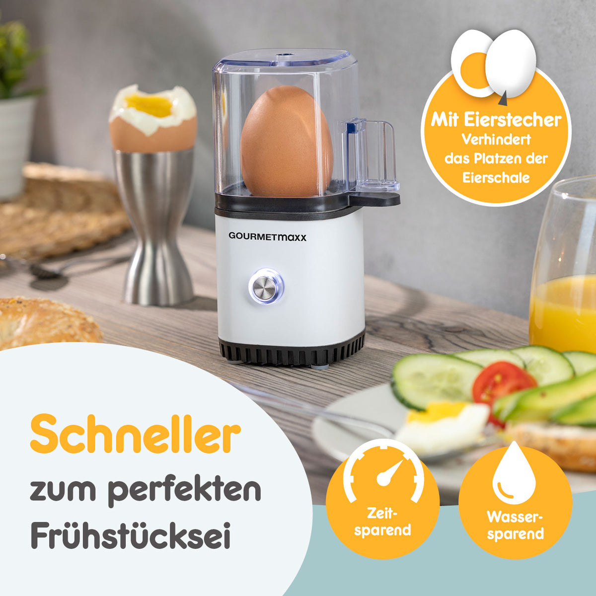 Design-Eierkocher 1 Ei - Weiß mit Eierstecher für schnelles, platzsparendes Kochen perfekter Frühstückseier ohne Herd.