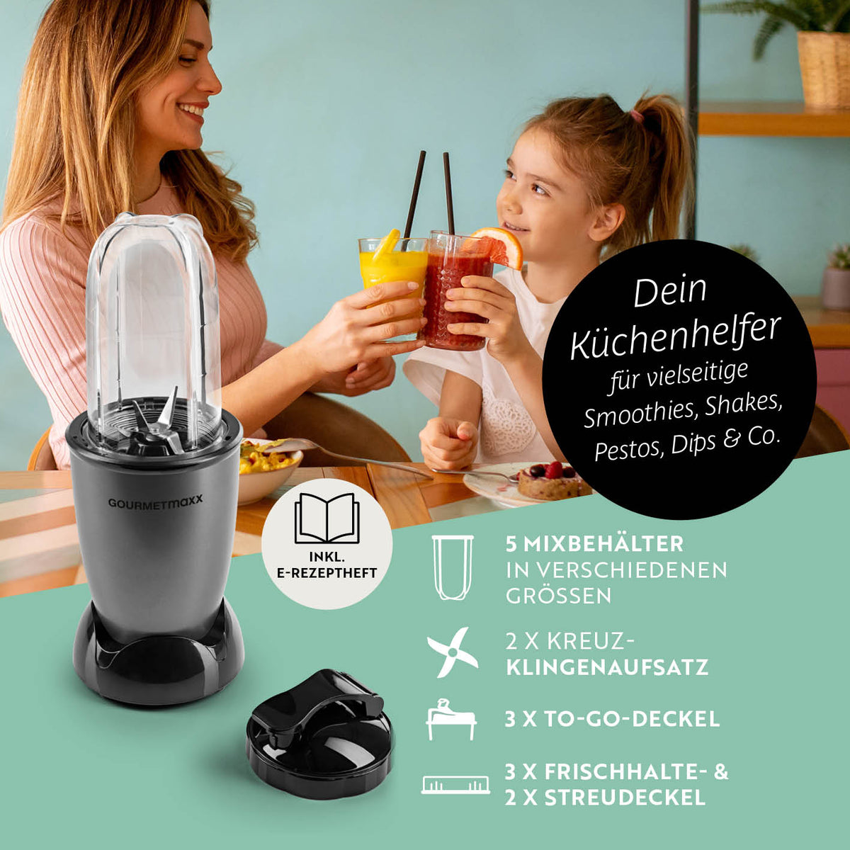 Mr. Magic Power 400 Pro mit Zubehörset XL - Anthrazit/Schwarz kompakter Standmixer für Smoothies, Shakes und vielseitigen Einsatz in der Küche.