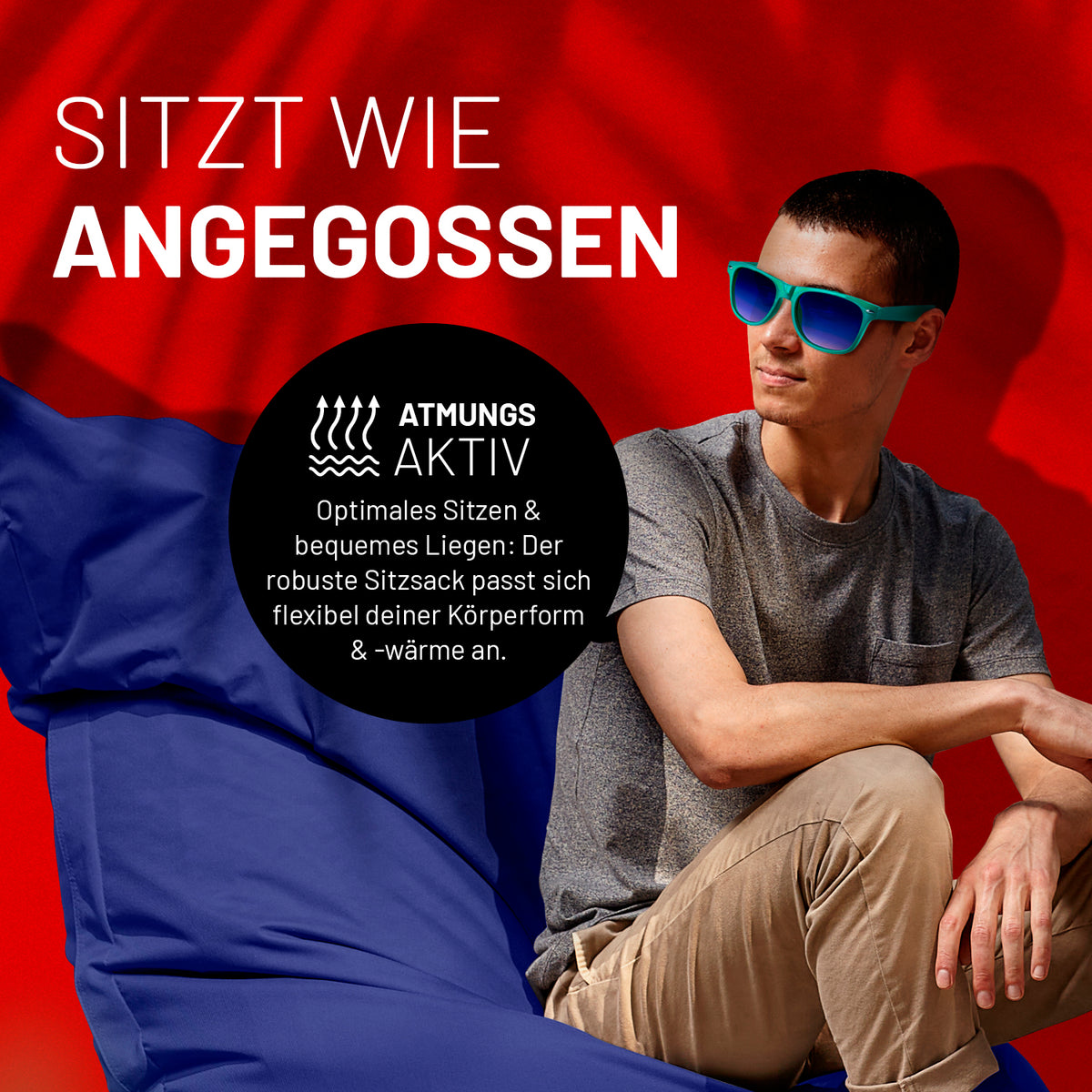 Sitzsack Classic XXL (380 L) Dunkelblau – atmungsaktiv, flexibel, für drinnen & draußen, passt sich Körperform und Wärme an.
