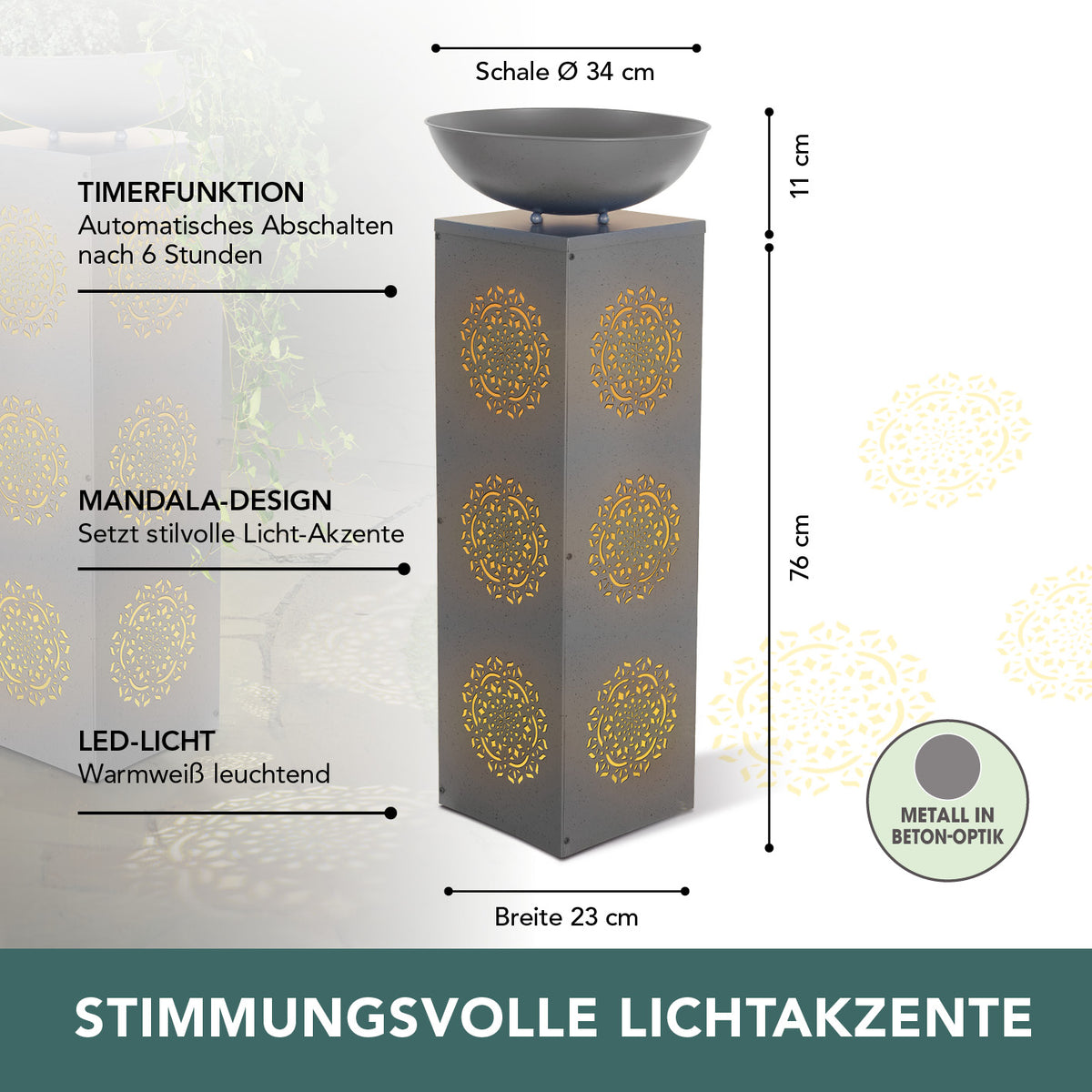 LED-Dekosäule Beton-Optik mit Pflanzschale Mandala 87 cm Grau, mit LED-Licht, Timerfunktion und stilvollem Mandala-Design.