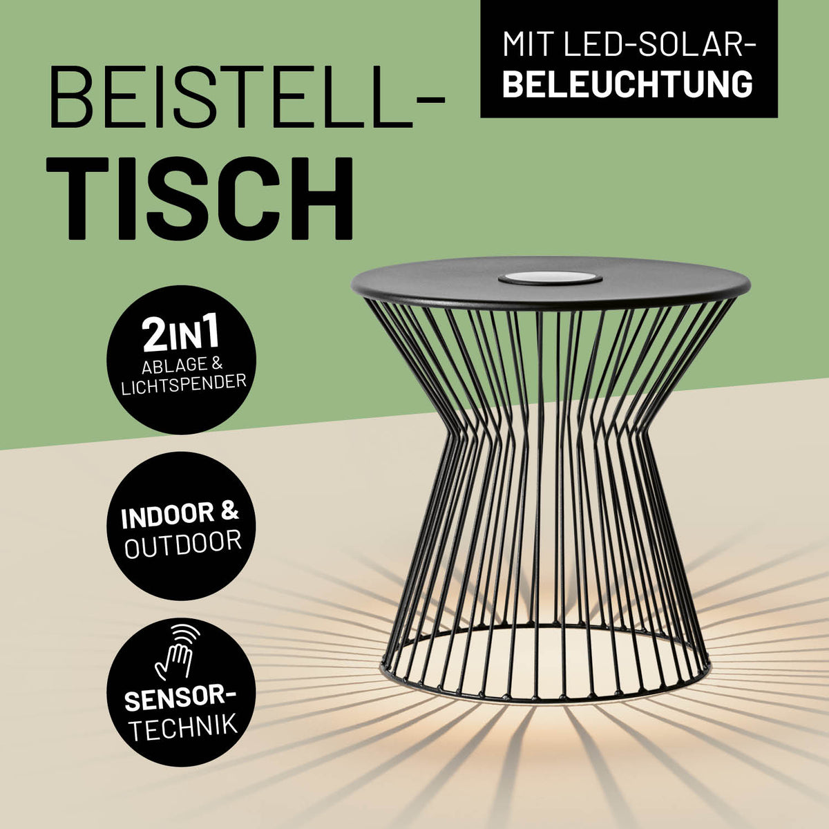 Beistelltisch als 2in1 Ablage und LED-Lichtspender, wetterbeständig, mit Solarbeleuchtung und Sensortechnik für Innen und Außen.
