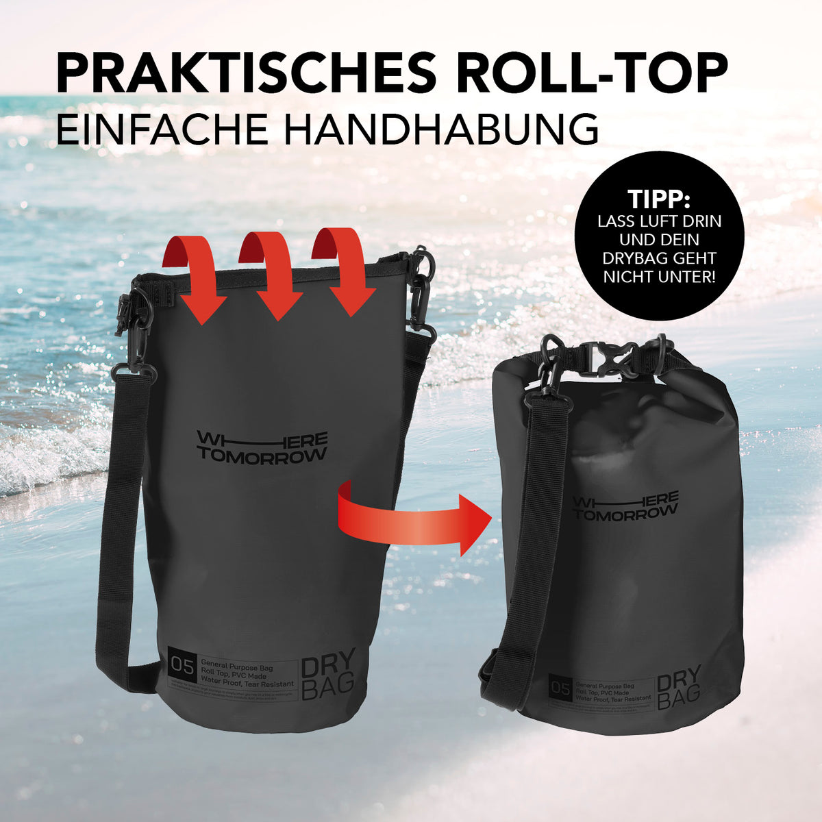 Dry Bag 5L - Style 01 - Schwarz mit wasserdichtem Rolltop-Verschluss und verstellbarem Schultergurt, ideal für Outdoor-Abenteuer.