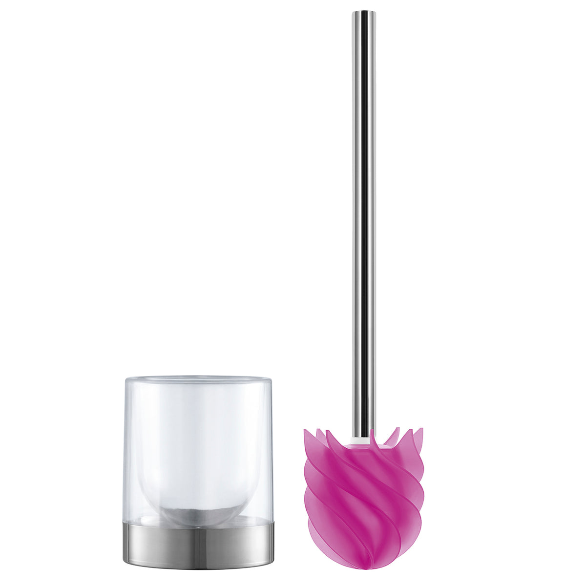 WC-Bürste Silikonkopf Edelstahl/pink mit Bürstenhalter transparent/Edelstahl - 2er-Set mit langlebigem, selbstreinigendem Lotoseffekt und schmutzabweisendem Kopf.